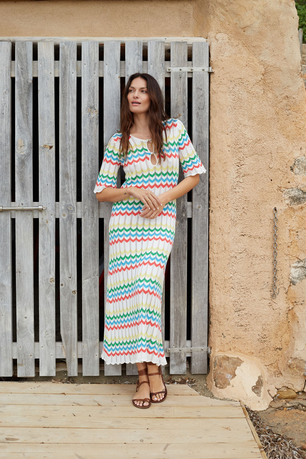 Soft Cream Cotton Chevron Stitch Dress for Women - Perfect for Summer Outings & Beach Vacations