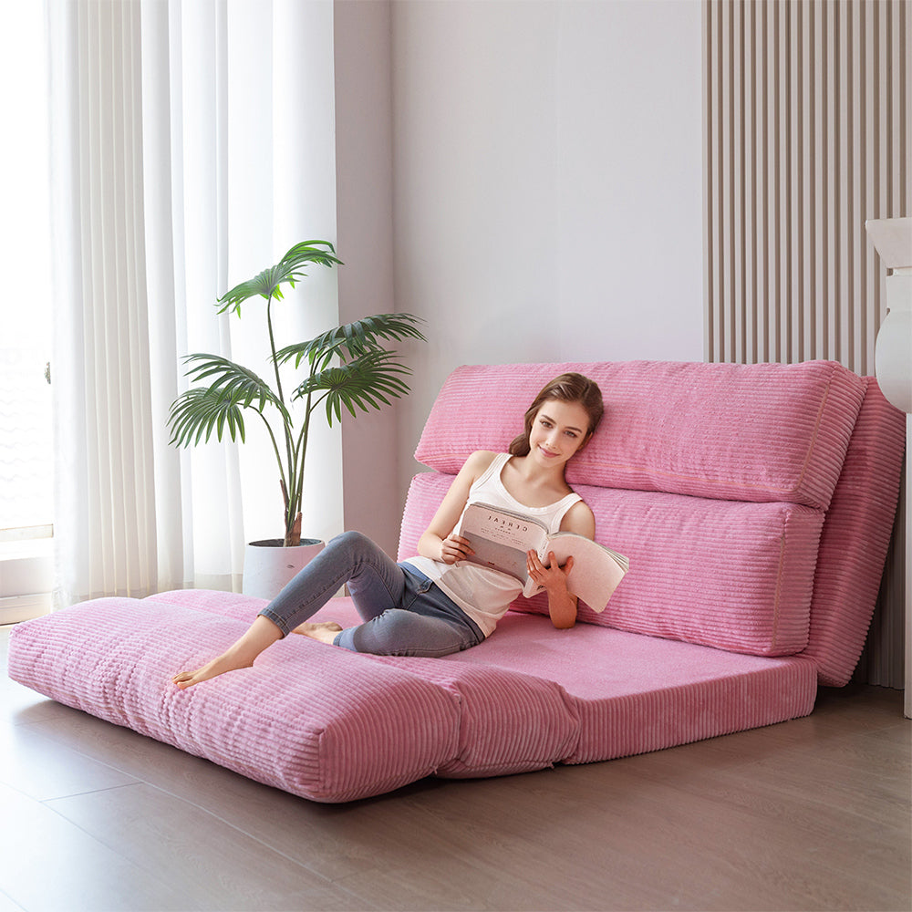 MAXYOYO Folding Sofa Bed - Extra Wide Corduroy Floor Bed in Pink | Convertible Sleeper for Small Spaces, Guest Room & Dorm | Comfortable Lounge Chair for Living Room, Bedroom & Office