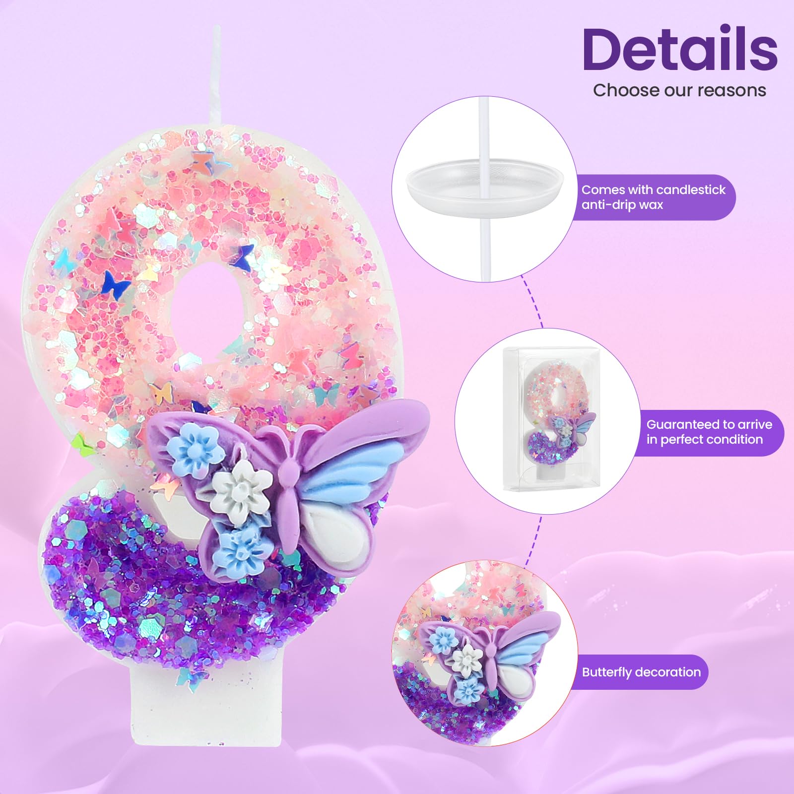 Pink & Purple Butterfly Glitter Number 1 Birthday Candles - Sparkling Cake Topper with Sequins for Girls & Women | Anniversary, Birthday Party Decorations & Cake Decorating Supplies
