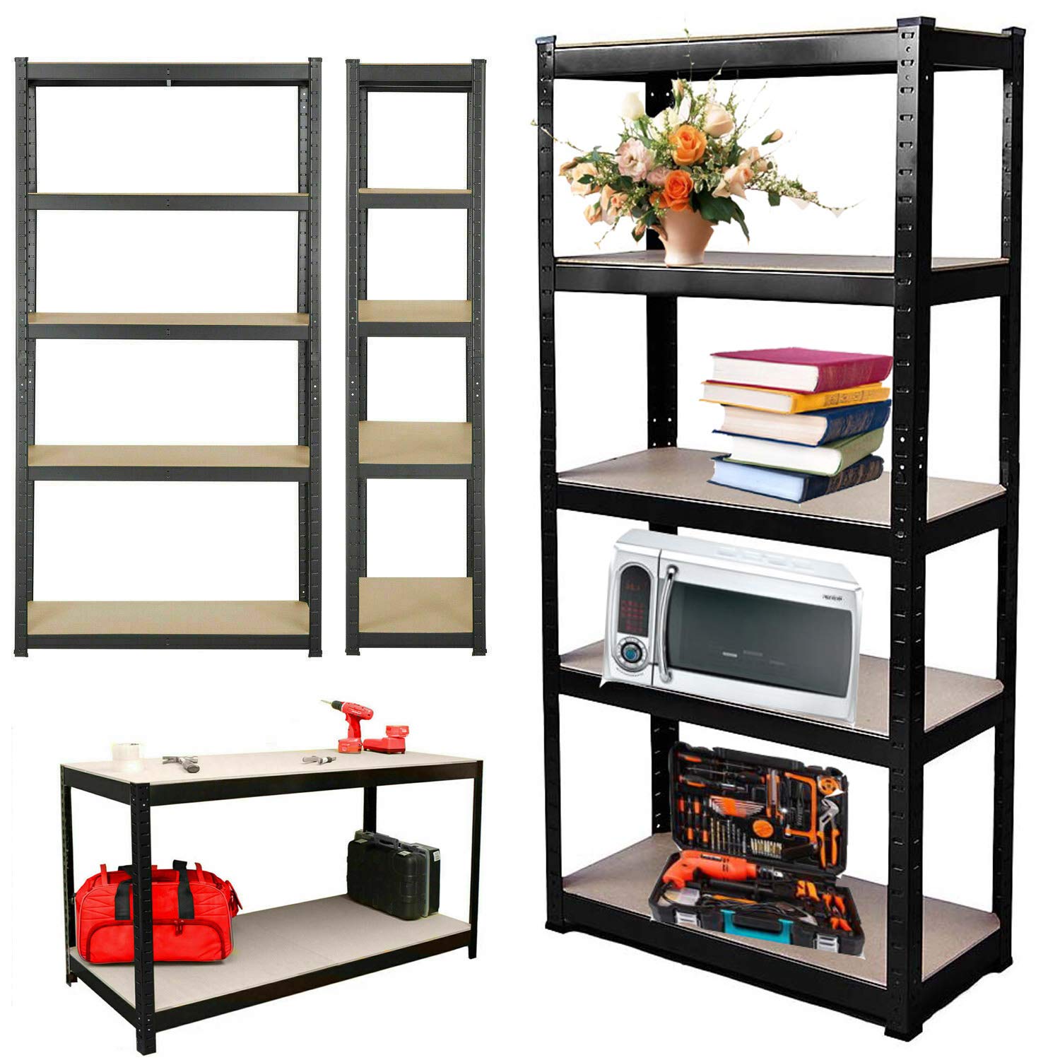 Heavy Duty 5-Tier Storage Shelves - 175KG Capacity Per Shelf, Black (180x90x40cm) - Ideal for Garage, Warehouse, Home, Kitchen & Office Organization