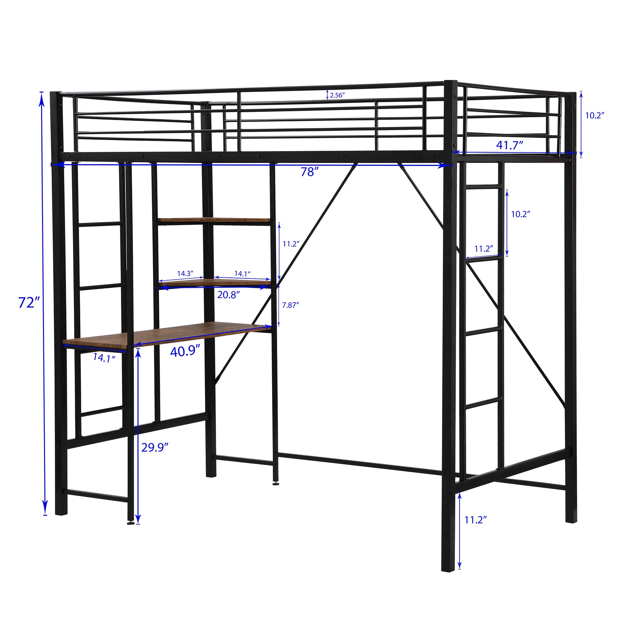 Space-Saving Metal Twin Loft Bed with Built-In Desk, 2 Ladders & Shelves - Sturdy Loft Bed Frame for Teens & Adults - No Box Spring Needed - Perfect for Small Bedrooms, Dorms & Studio Apartments