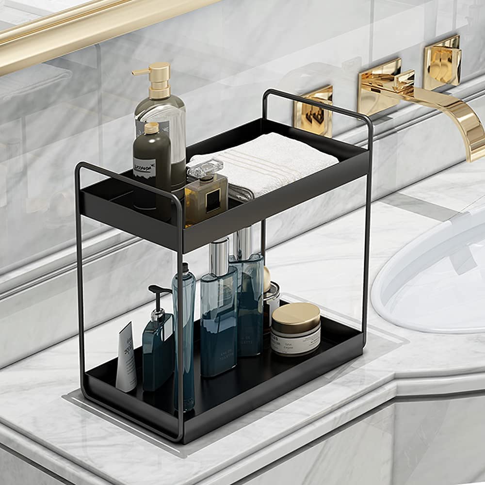 2-Tier Metal Standing Rack - Bathroom Countertop & Kitchen Storage Organizer for Spices, Cosmetics | Space-Saving Shelf for Small Spaces | Black (CR18 Collection)