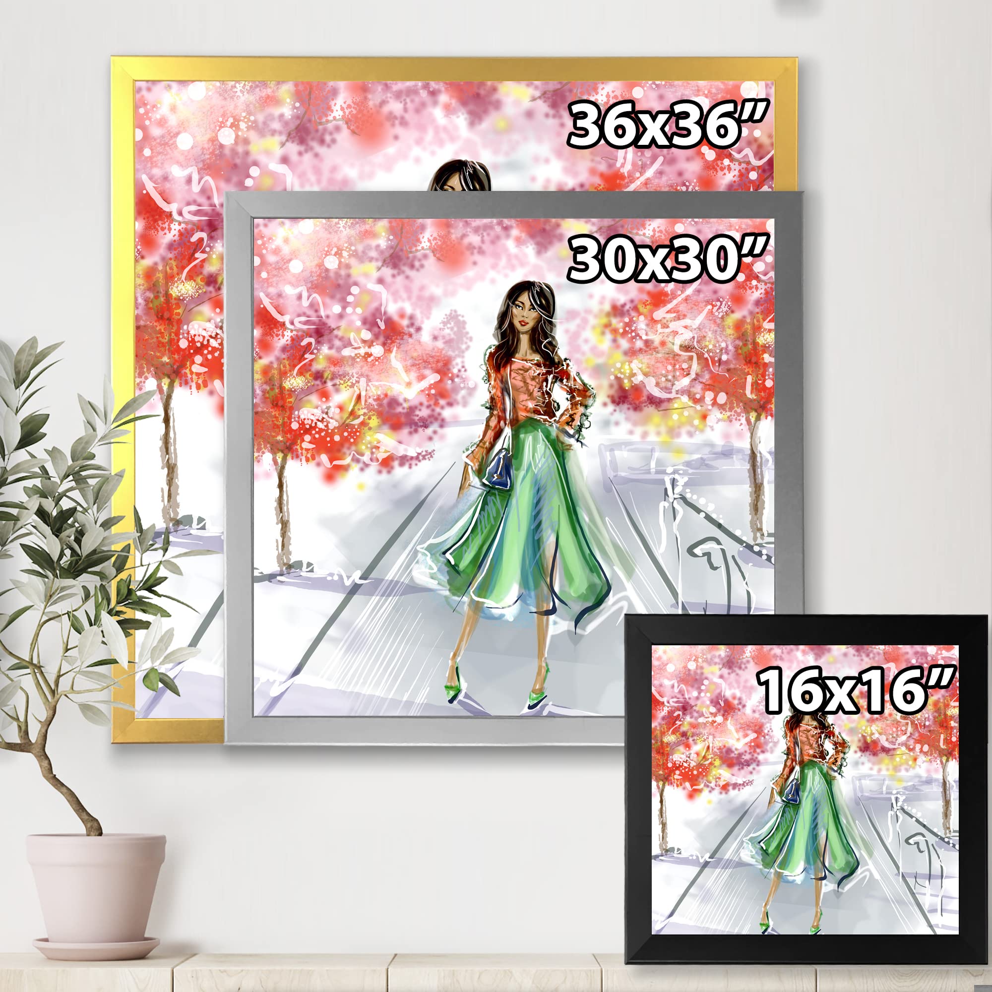 DesignQ Traditional Framed Wall Art - Beautiful Girl in Fashionable Clothes Park Scene - Perfect for Living Room, Bedroom & Office Decor