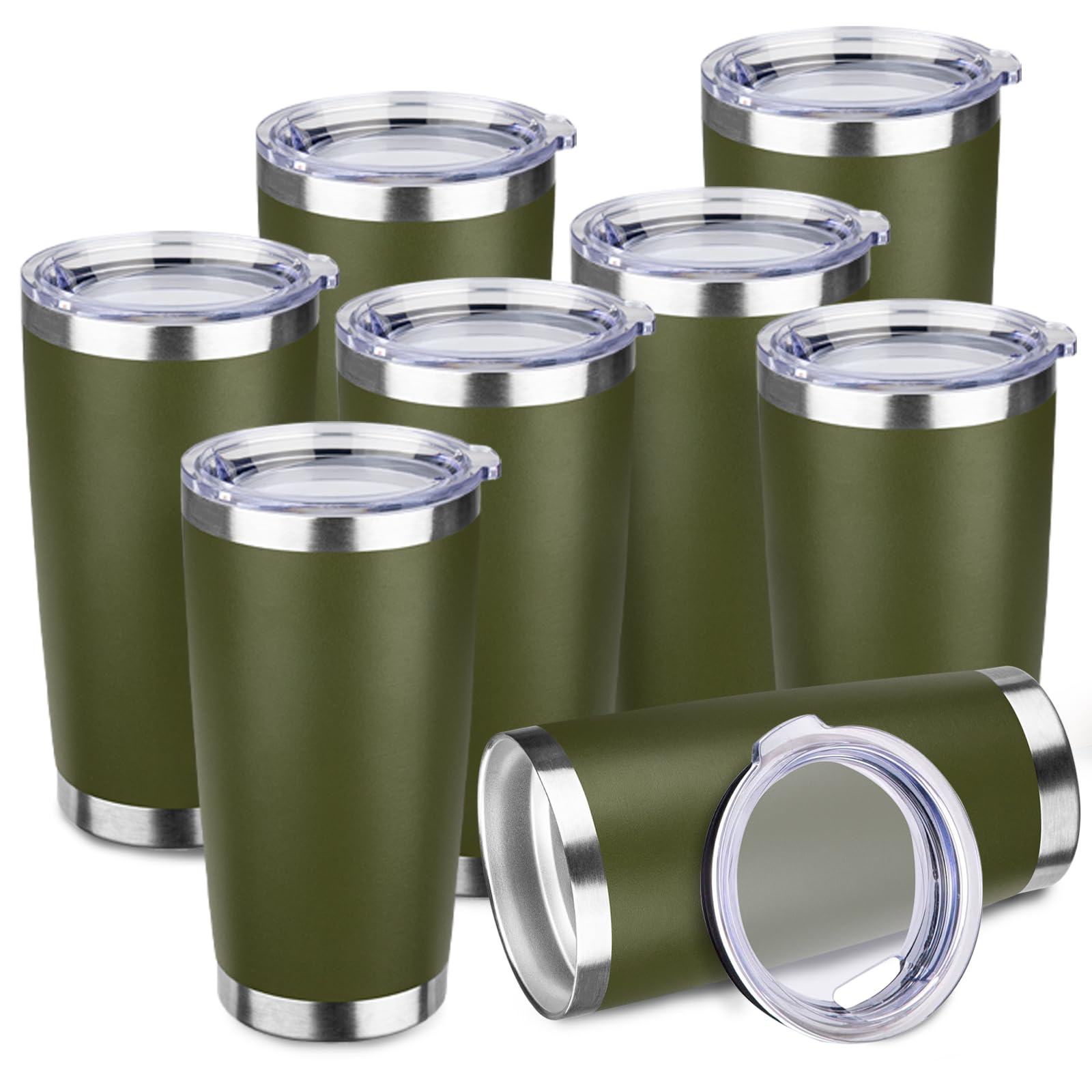 StarSpeed 20oz Stainless Steel Tumbler with Lid - Double Wall Vacuum Insulated Travel Mug for Hot & Cold Drinks - Bulk Pack of 8 Navy Green Powder Coated Coffee Cups - Perfect for Office, Gym, Camping & Road Trips