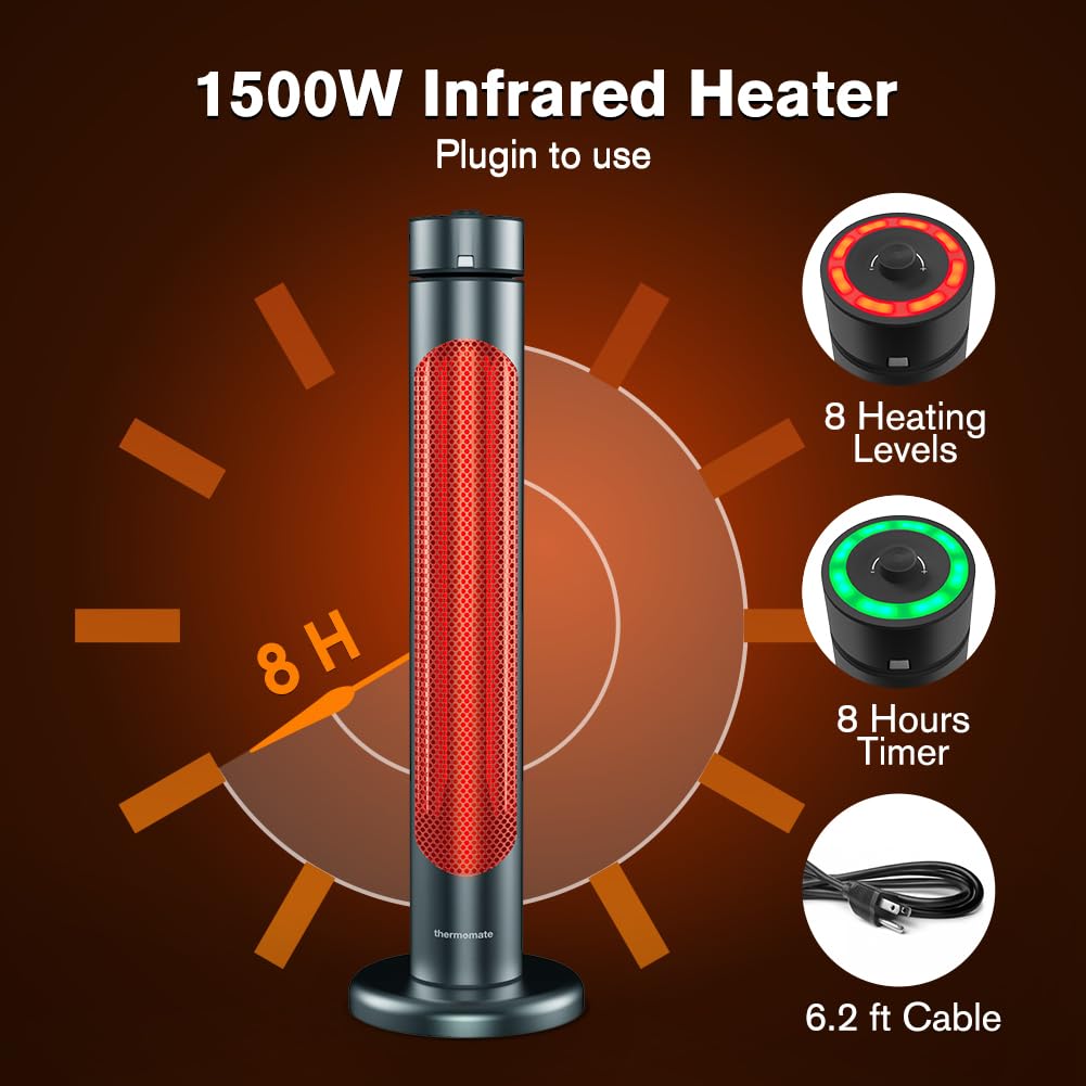 Thermomate 1500W Electric Patio Heater with Remote Control - IP65 Waterproof Outdoor/Indoor Infrared Heater, 8 Heating Levels, 8-Hour Timer & Oscillation, Tip-Over Protection - Perfect for Garage, Backyard, Restaurant, and Patio Use