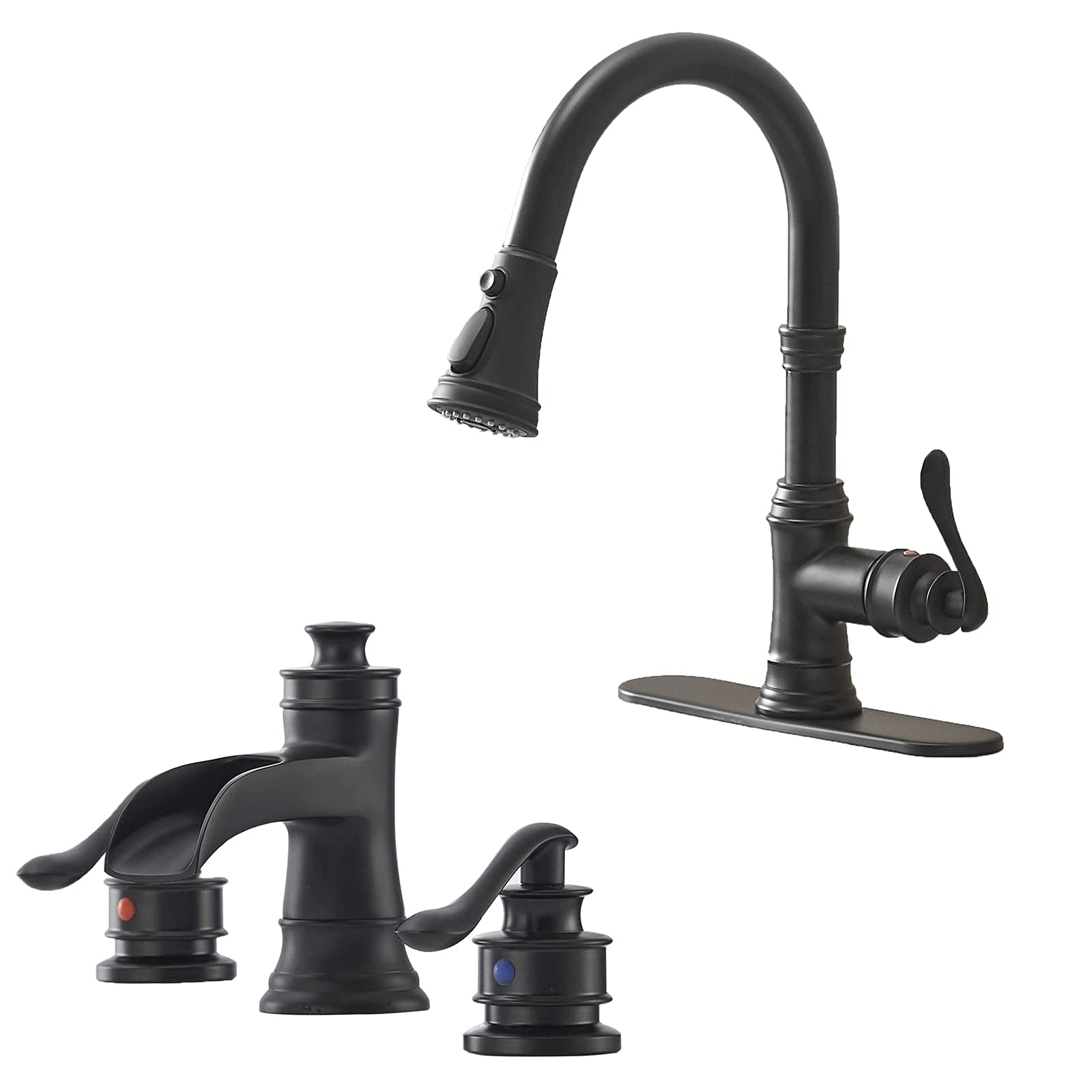 Black Widespread Bathroom Sink Faucet - Waterfall Spout 3 Hole & Black Kitchen Faucet with Pull Down Sprayer - 3 Spray Modes - Perfect for Modern Home, Bathroom and Kitchen Renovation