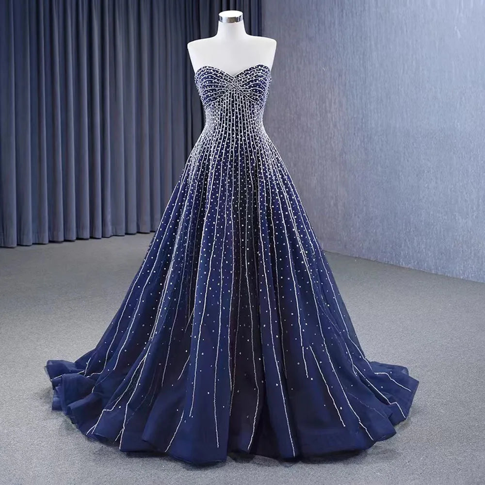 Luxury Navy Blue Strapless Crystal Beaded Wedding Dress with Pearls & Lace Up - Custom Made Bridal Gown HM23102 | Perfect for Beach Weddings, Evening Galas & Formal Occasions