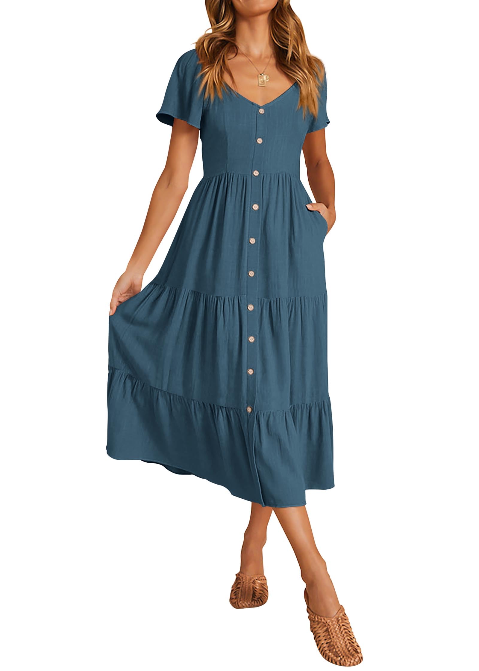 KIRUNDO Women's Linen Short Sleeve Midi Dress - V Neck Button Down Tiered Sundress with Pockets for Spring Summer Casual Wear | Beach Vacation, Brunch, Date Night Outfits