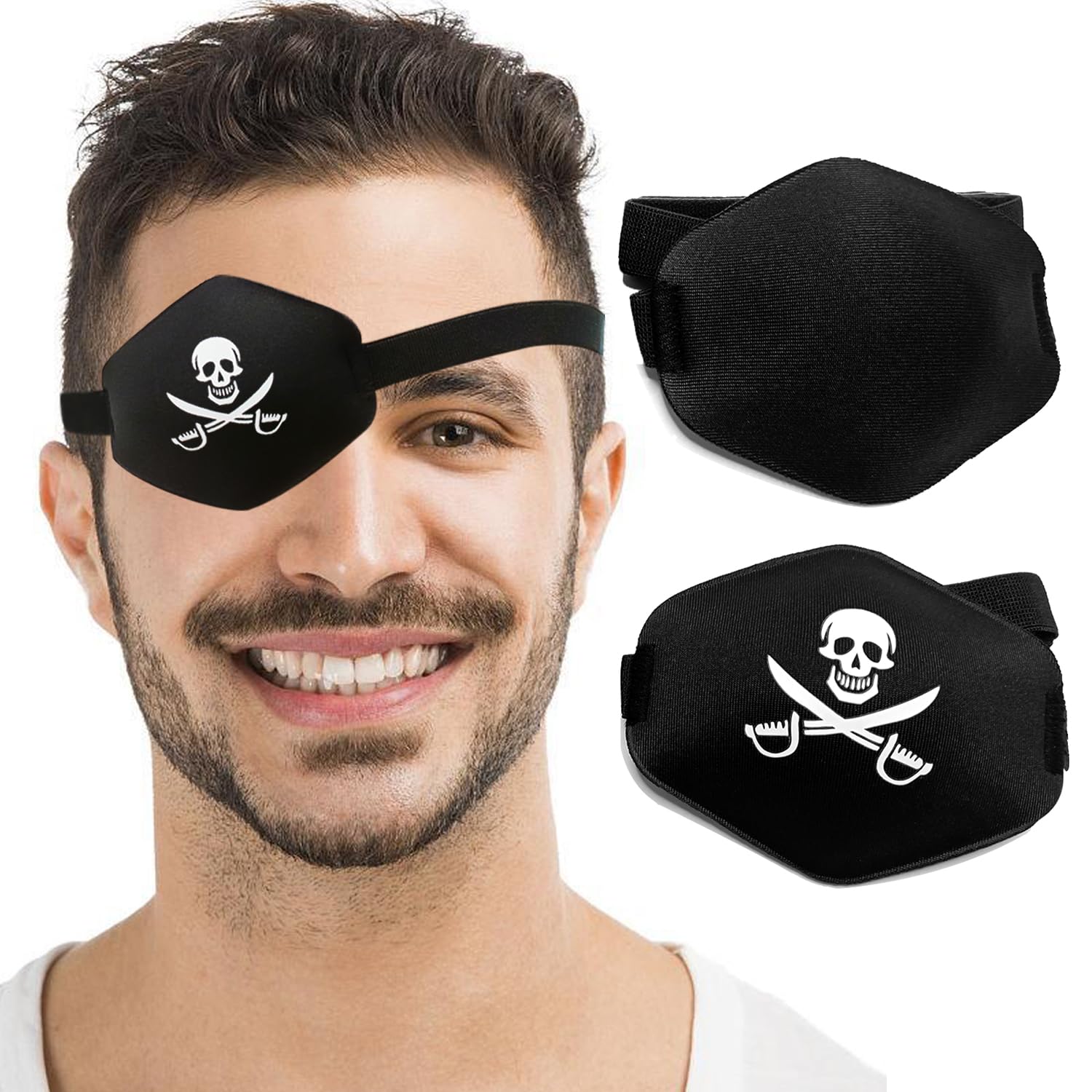 AMZVIO 2 Pack Adjustable Eye Patches for Adults - Black & Pirate Design - Post-Surgery Eye Care & Amblyopia Treatment - Perfect for Lazy Eye Therapy, Pirate Costumes, and Halloween Accessories