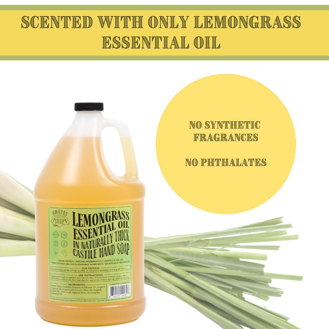 Adams Handmade Liquid Hand Soap 1 Gallon (4 Pack) - Natural Lemongrass Scent for Kitchen, Bathroom & Office - Gentle Moisturizing Formula for Daily Hand Washing