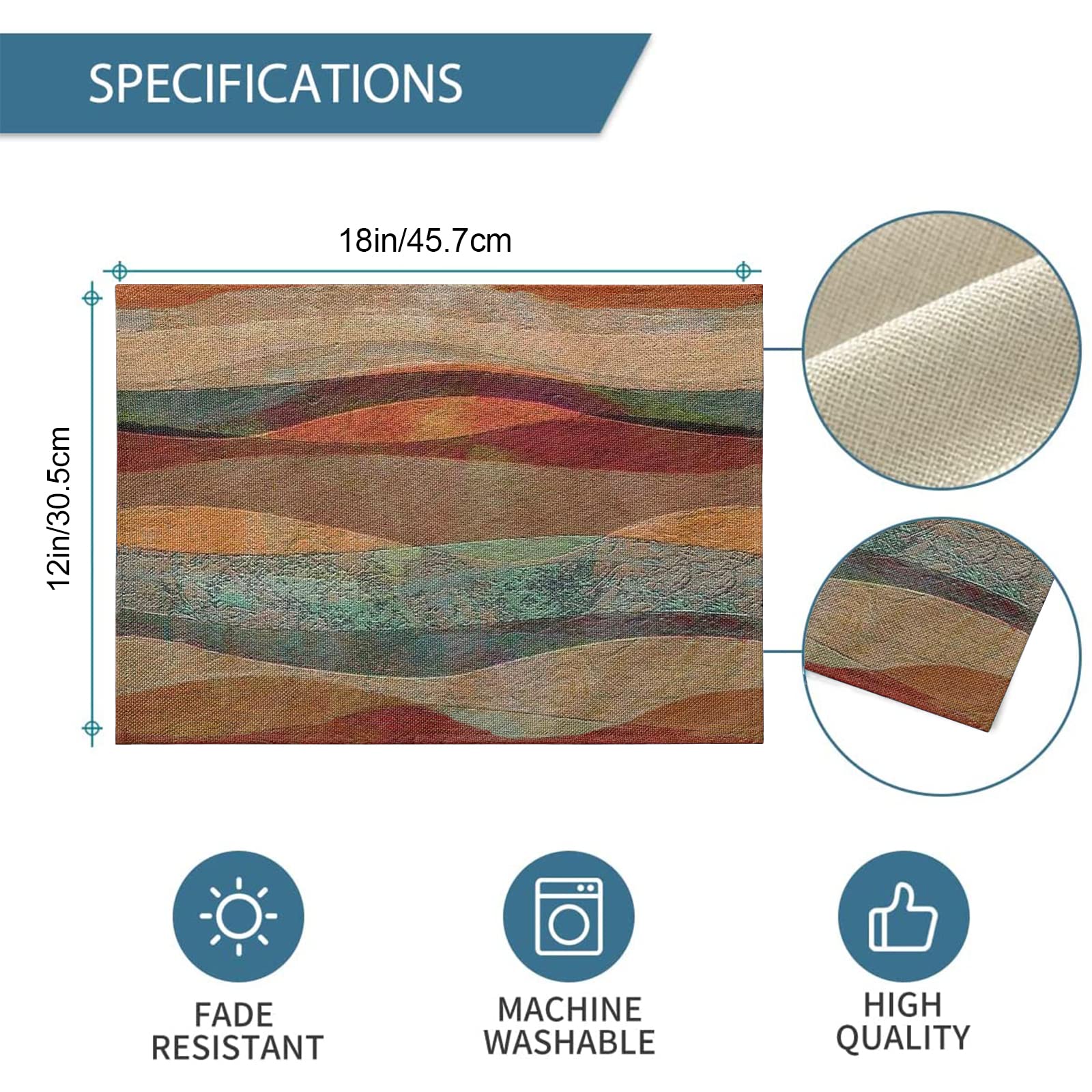 6-Piece Southwest Arizona Travertine Sandstone Placemats Set - Non-Slip, Heat Resistant, Washable Linen Table Mats with Turquoise Stripes for Farmhouse Kitchen Decor | Perfect for Holiday Parties, Dining Tables & Home Entertaining