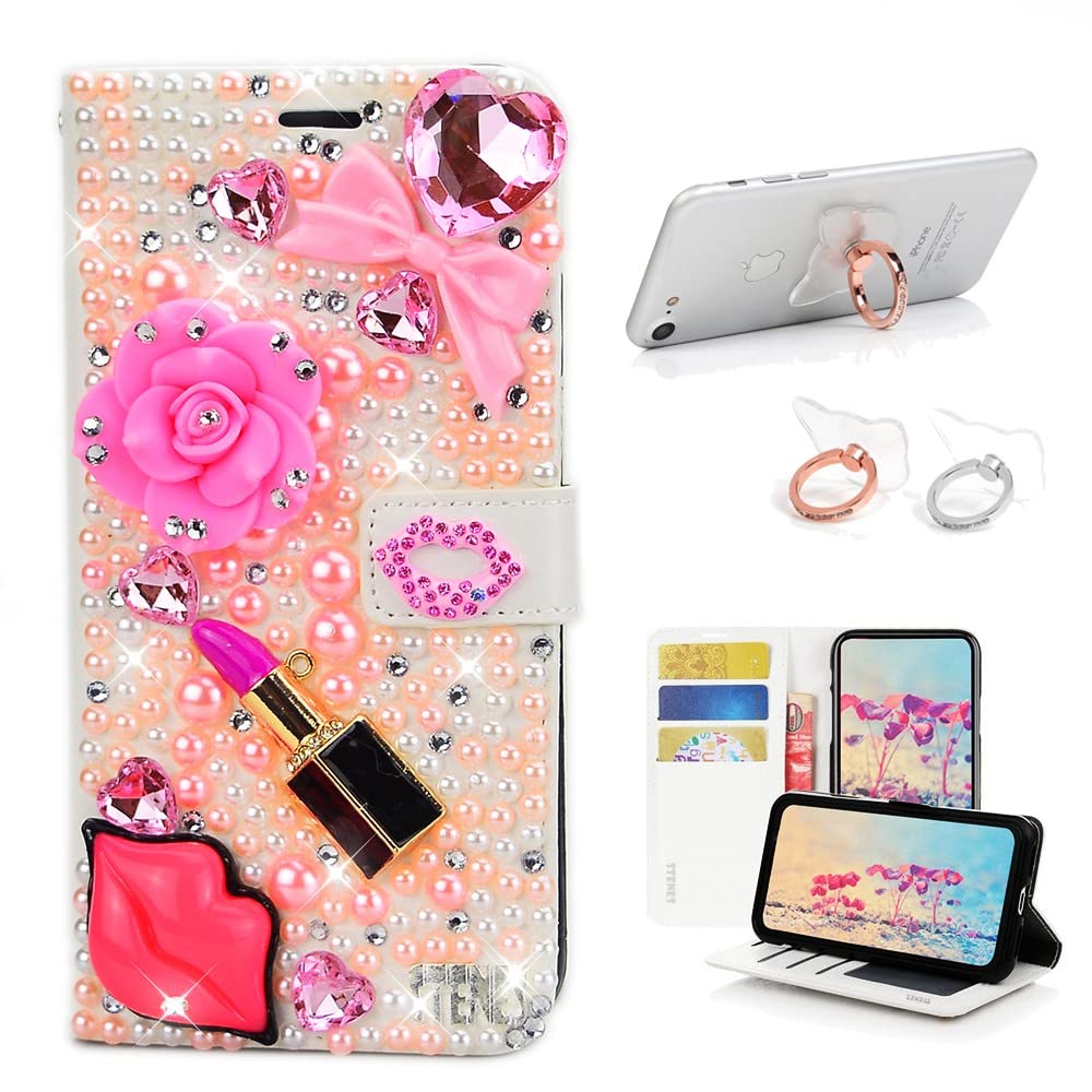STENES Bling Wallet Case for LG G7 ThinQ - 3D Handmade Lipstick & Flower Design with Ring Stand Holder [2 Pack] - Stylish Leather Phone Cover for Women - Perfect for Parties, Dating & Everyday Use