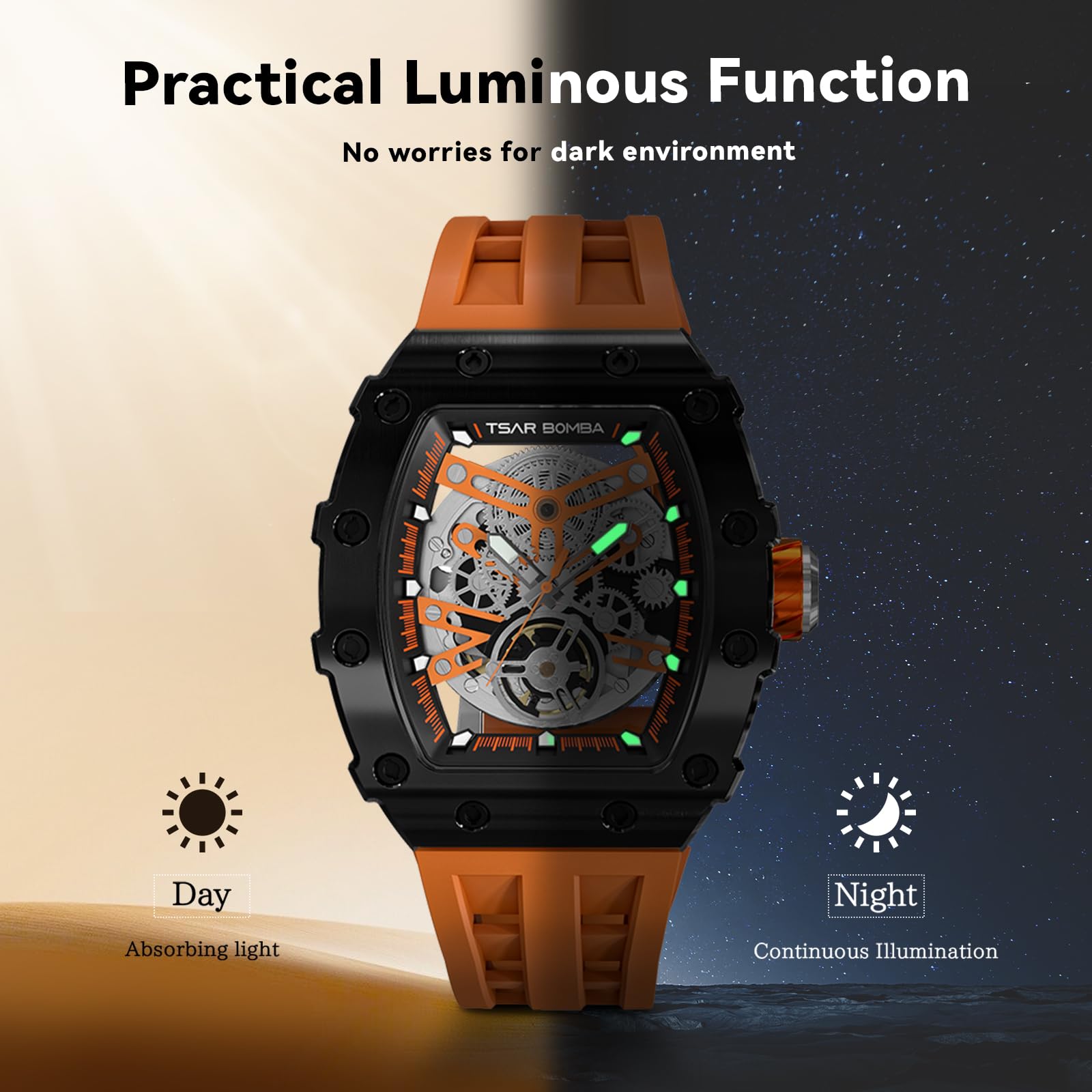 TSAR BOMBA Automatic Skeleton Mechanical Watch for Men - Carbon Fiber Bezel, 50M Waterproof, Silver Dial, Silicone Strap - Luxury Dress Watch for Business, Formal Events & Everyday Wear - Unique Stylish Mens Wristwatch