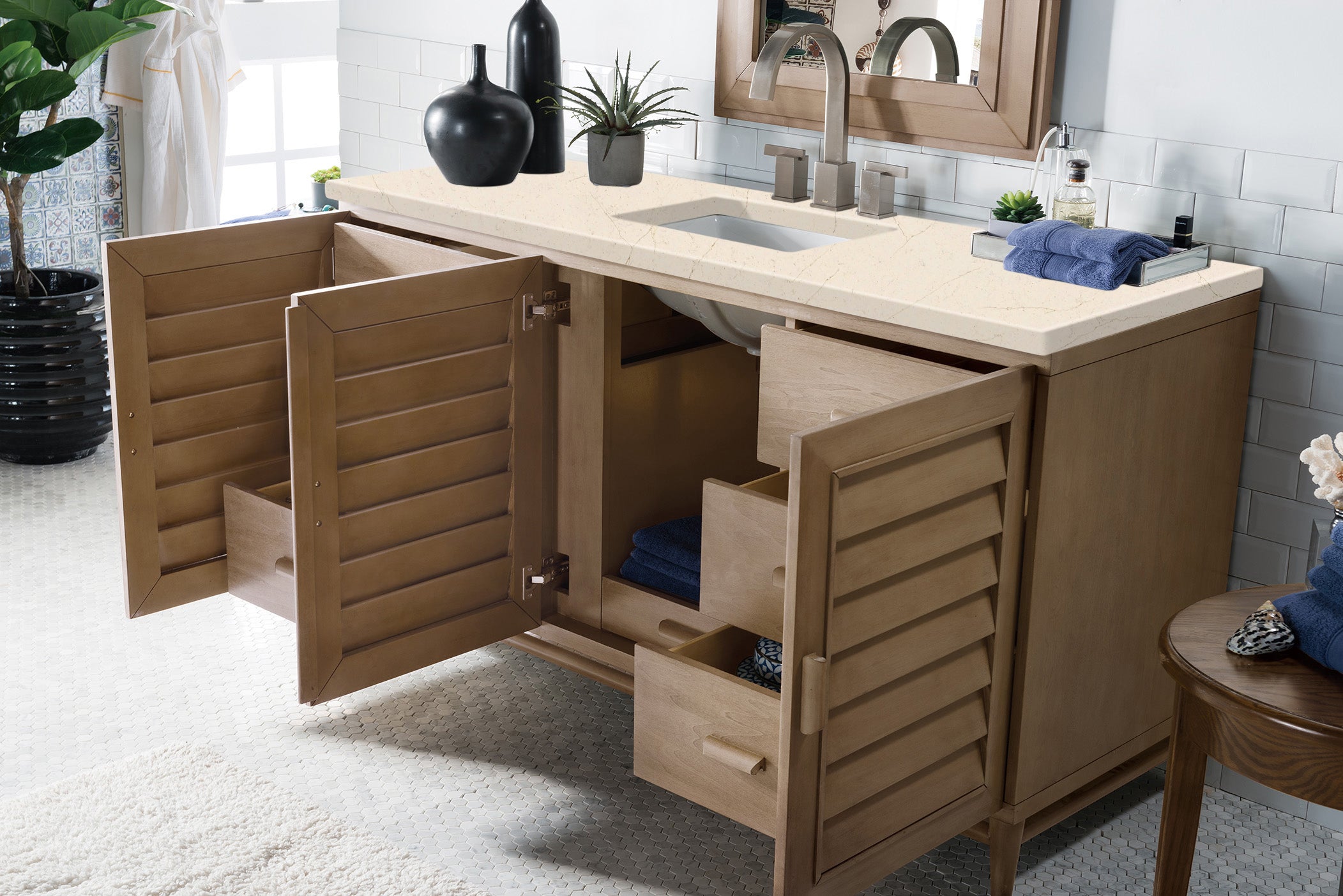 Portland 60 Inch Single Bathroom Vanity with Whitewashed Walnut Finish & 3CM Eternal Marfil Quartz Countertop - Perfect for Modern Farmhouse, Coastal, or Transitional Bathroom Designs