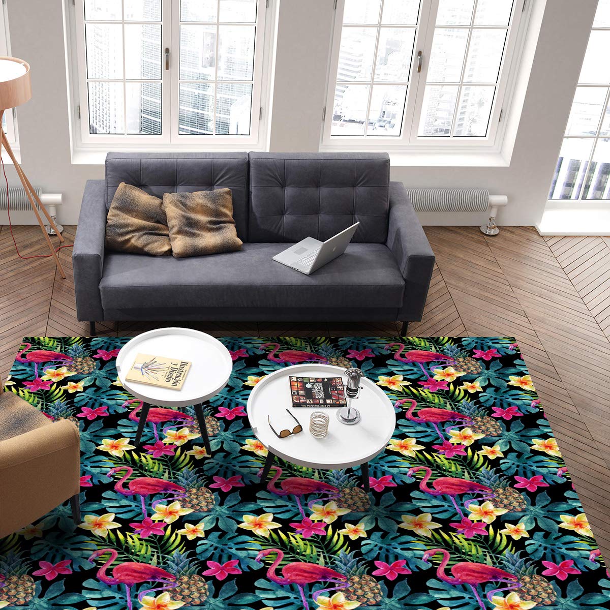 Modern Floral Flamingo Area Rug 4x6 Feet - Tropical Leaves & Flowers Pattern Non-Slip Indoor Rug for Bedroom, Living Room, Nursery - Soft Contemporary Floor Mat for Home Decor & Cozy Spaces