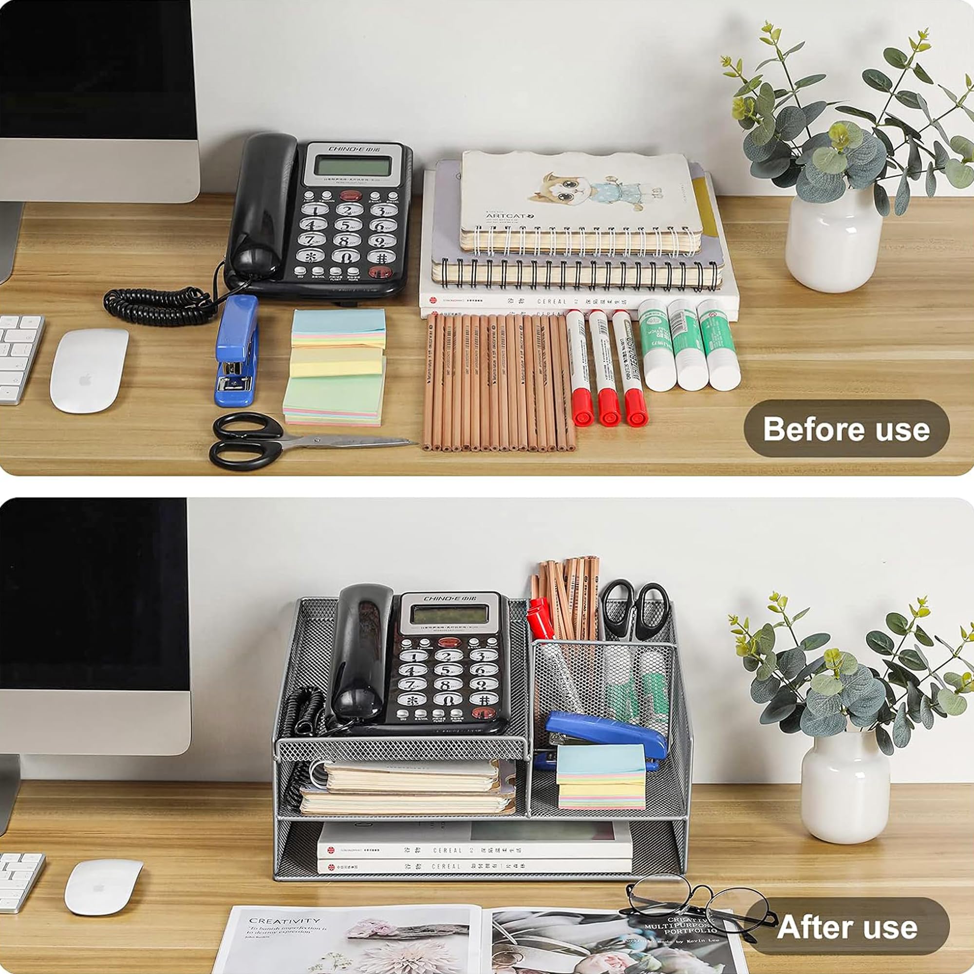 Silver Telephone Stand & Desk Organizer with Letter Tray - Phone Holder, Pen Pencil Organizer for Office, School, Home - Perfect for Workspace Organization & Productivity Boost
