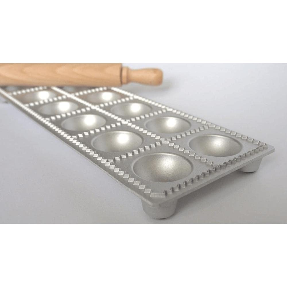 Eppicotispai 12-Hole Aluminum Round Ravioli Maker with Rolling Pin - Professional Pasta Dough Press for Homemade Italian Dumplings - Perfect for Kitchen, Restaurants, and Cooking Enthusiasts