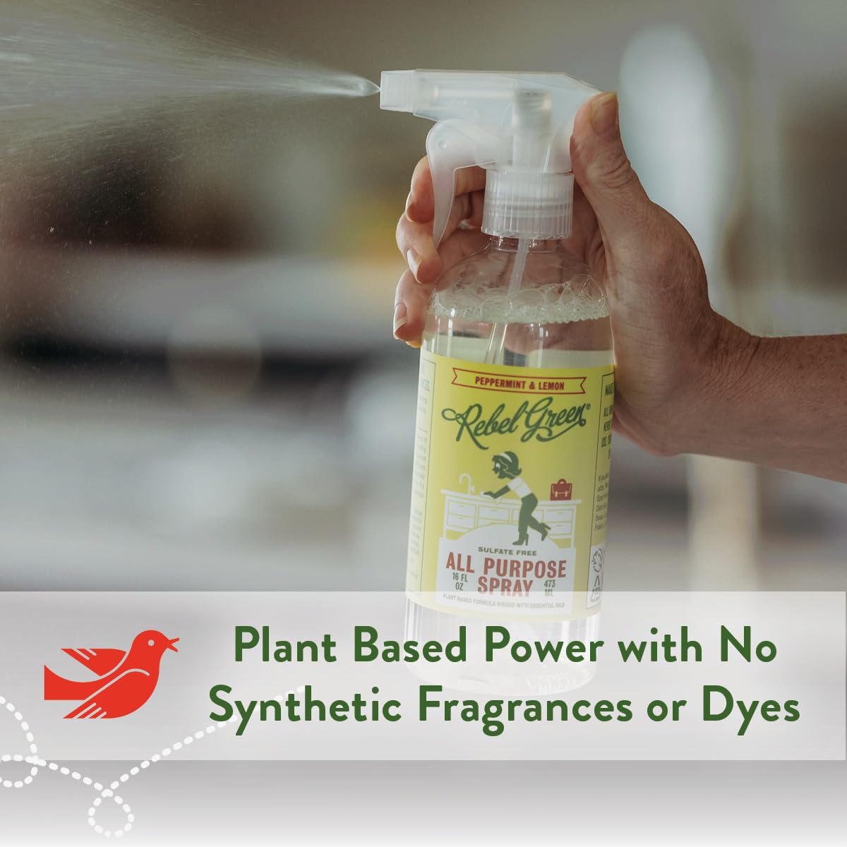 Rebel Green Natural All-Purpose Cleaning Spray with Essential Oils - Multi-Surface Cleaner for Kitchen, Bathroom & Floors - Safe for Kids & Pets - Eco-Friendly Peppermint Lemon Scent - 16oz (1 Pack) - Perfect for Daily Cleaning & Disinfecting in Homes & Offices