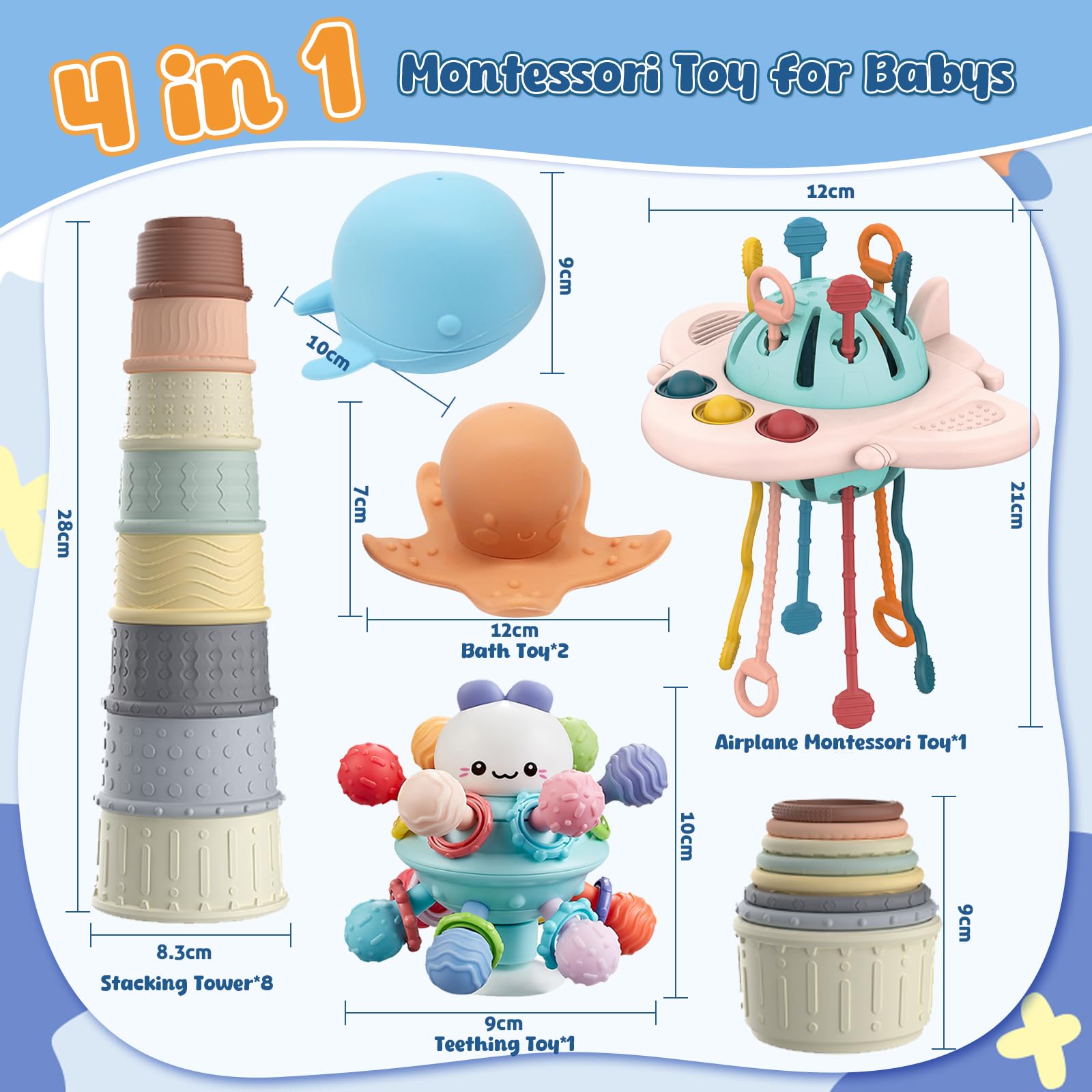 **Best Montessori Baby Toys 6-12 Months - 4-in-1 Stacking Cups, Bath Toys, Teething & Sensory Toys for Infants - Perfect Gift for 1, 2, 3 Year Old Boys & Girls - Ideal for Playtime, Learning & Bath Fun**