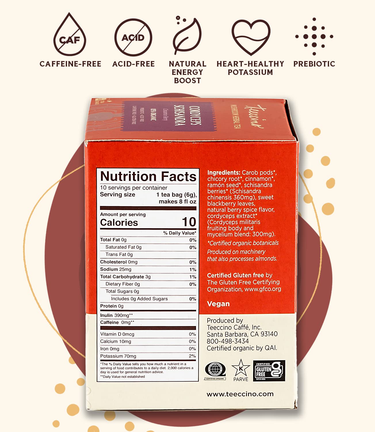 Organic Teeccino Mushroom Adaptogen Herbal Tea with Cordyceps, Schisandra & Cinnamon Berry - Cognitive Support & Immune Boost - 10 Tea Bags - Perfect for Stress Relief & Mental Clarity