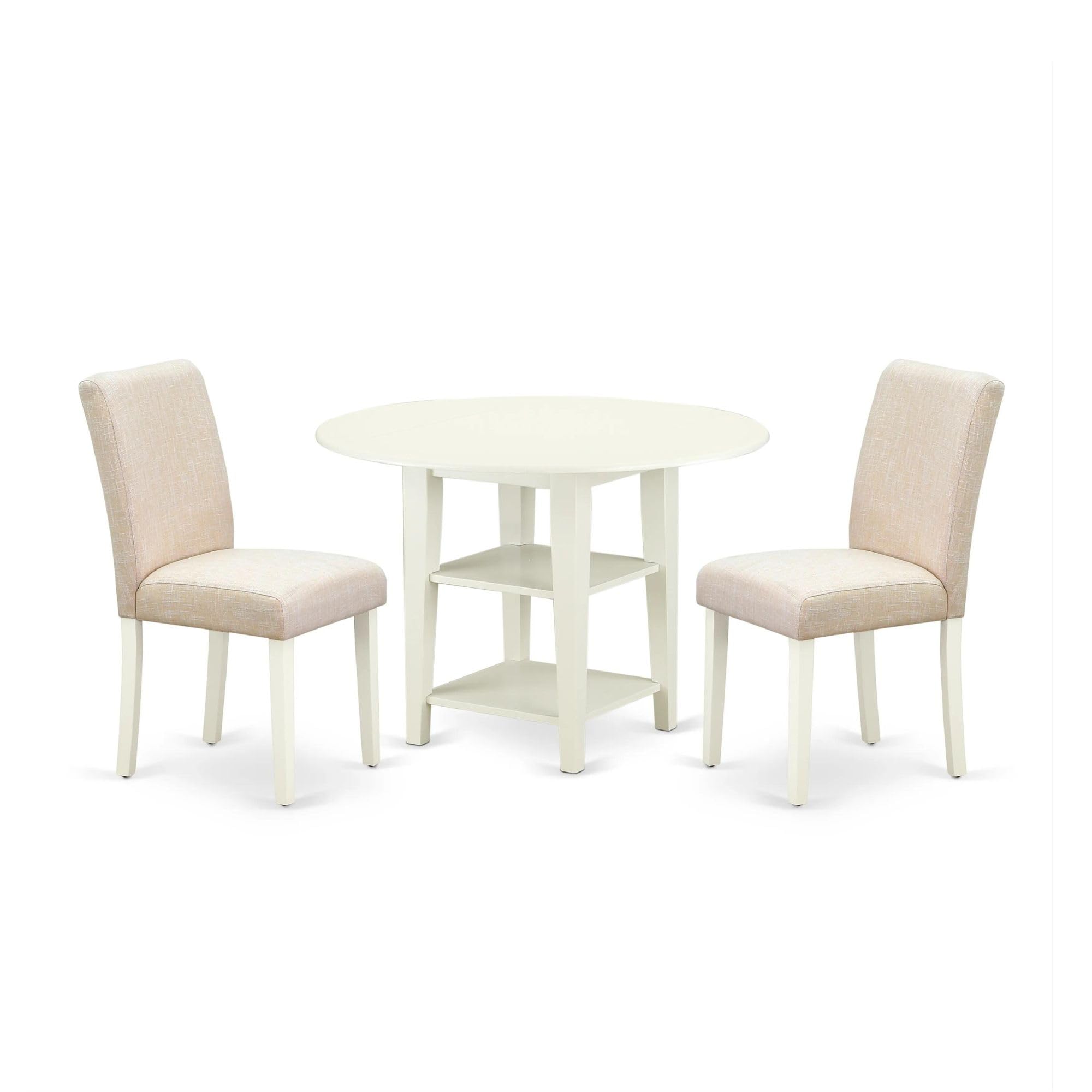 East West Furniture 3 Piece Dining Table Set with Round Drop Leaf Table & 2 Light Beige Fabric Chairs - 42 Inch White Linen Kitchen Set for Small Spaces, Breakfast Nook, Apartment Dining