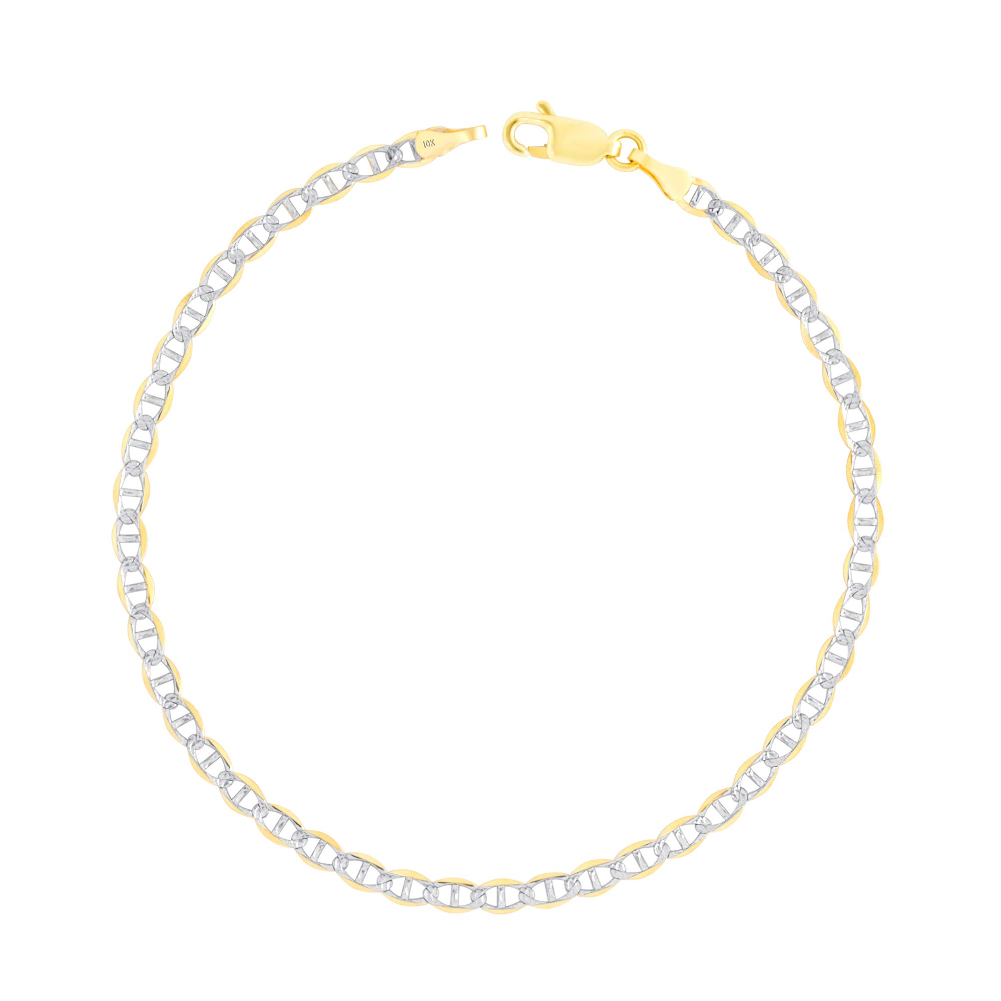 10k Real Yellow Gold Solid Mariner 3mm Anchor Chain Pave Diamond Cut Bracelet for Men & Women (7