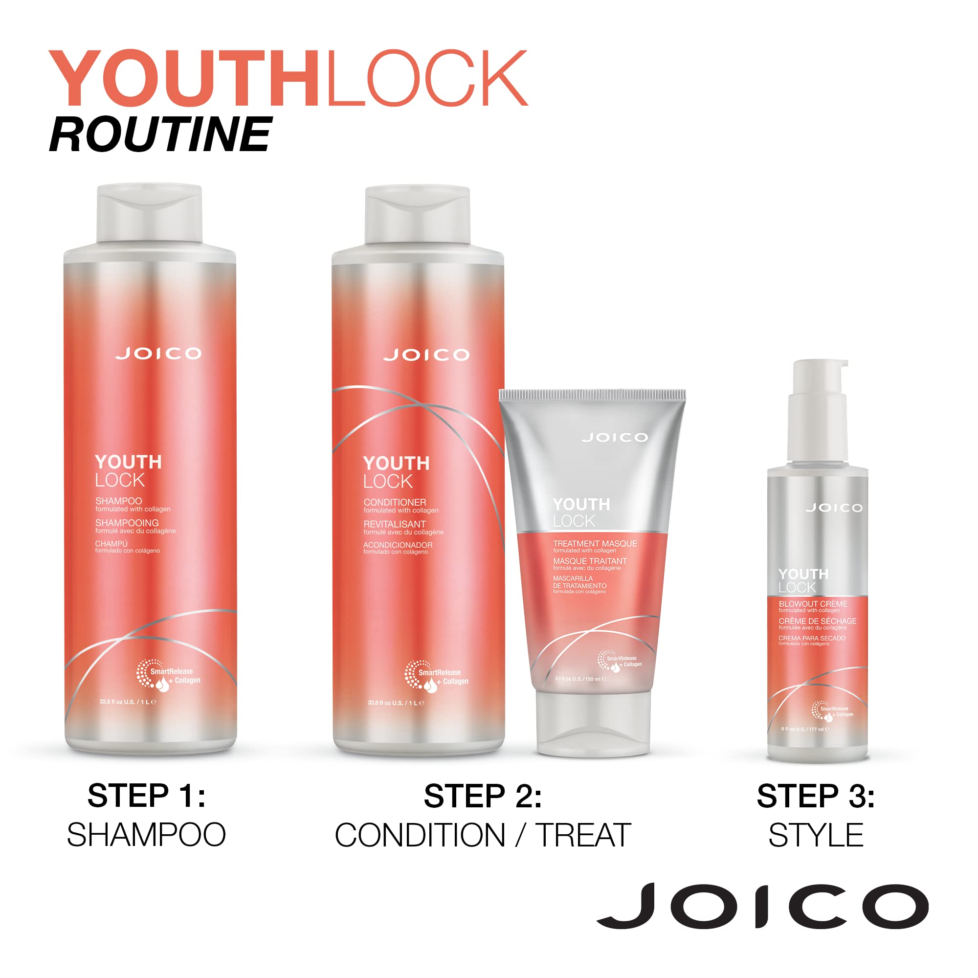 Joico YouthLock Shampoo and Conditioner Set with Collagen & Arginine - Sulfate Free Hair Care for Youthful Body, Reduced Breakage & Frizz - Softens, Detangles & Boosts Shine - Perfect for Dry, Damaged Hair at Home or Salon Use