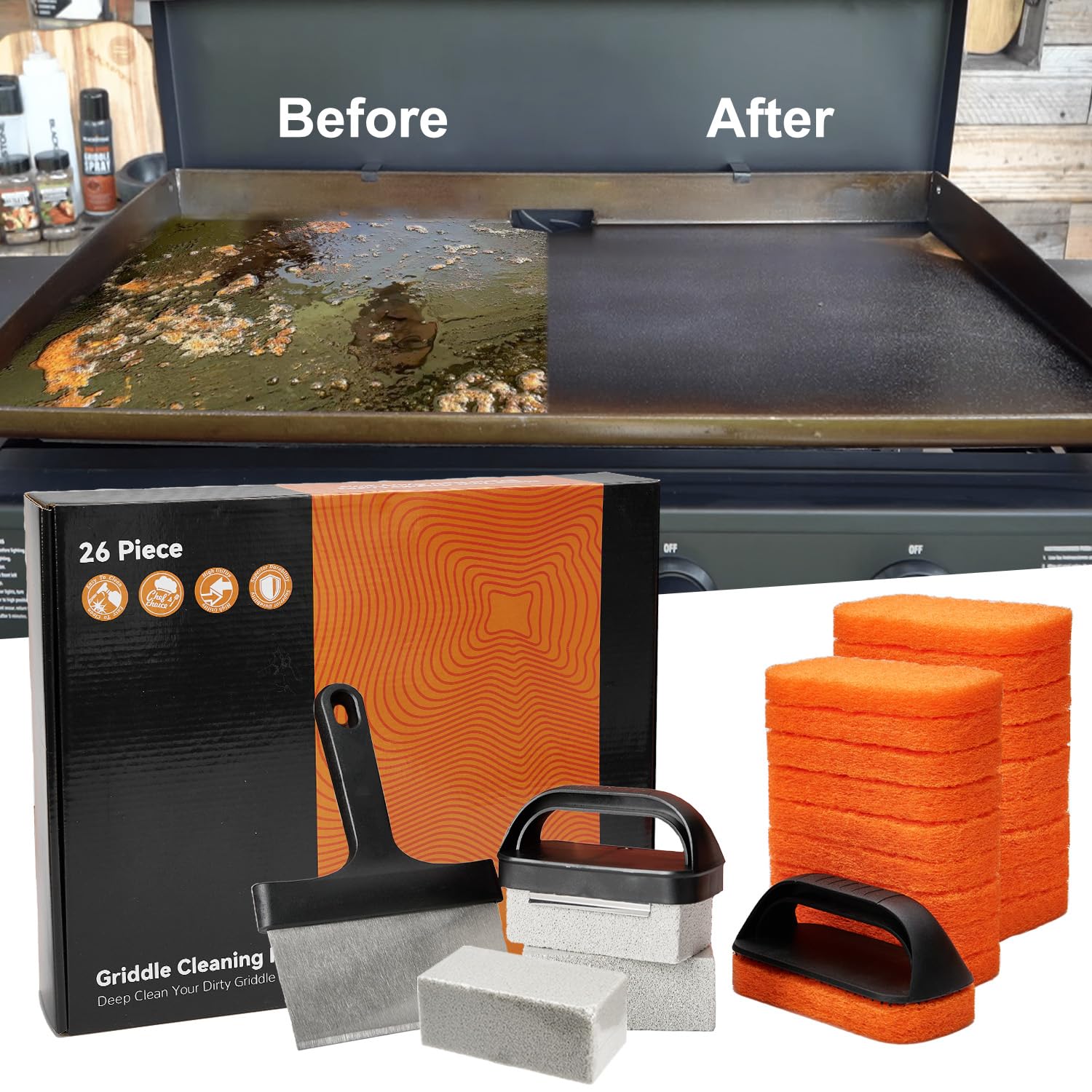 26-Piece Griddle Cleaning Kit for Blackstone Flat Top Grill - Includes Scraper, 3 Cleaning Bricks, 20 Scouring Pads & 2 Handles | Hot/Cold Surface Safe | Perfect for Outdoor BBQ, Camping & Backyard Cooking