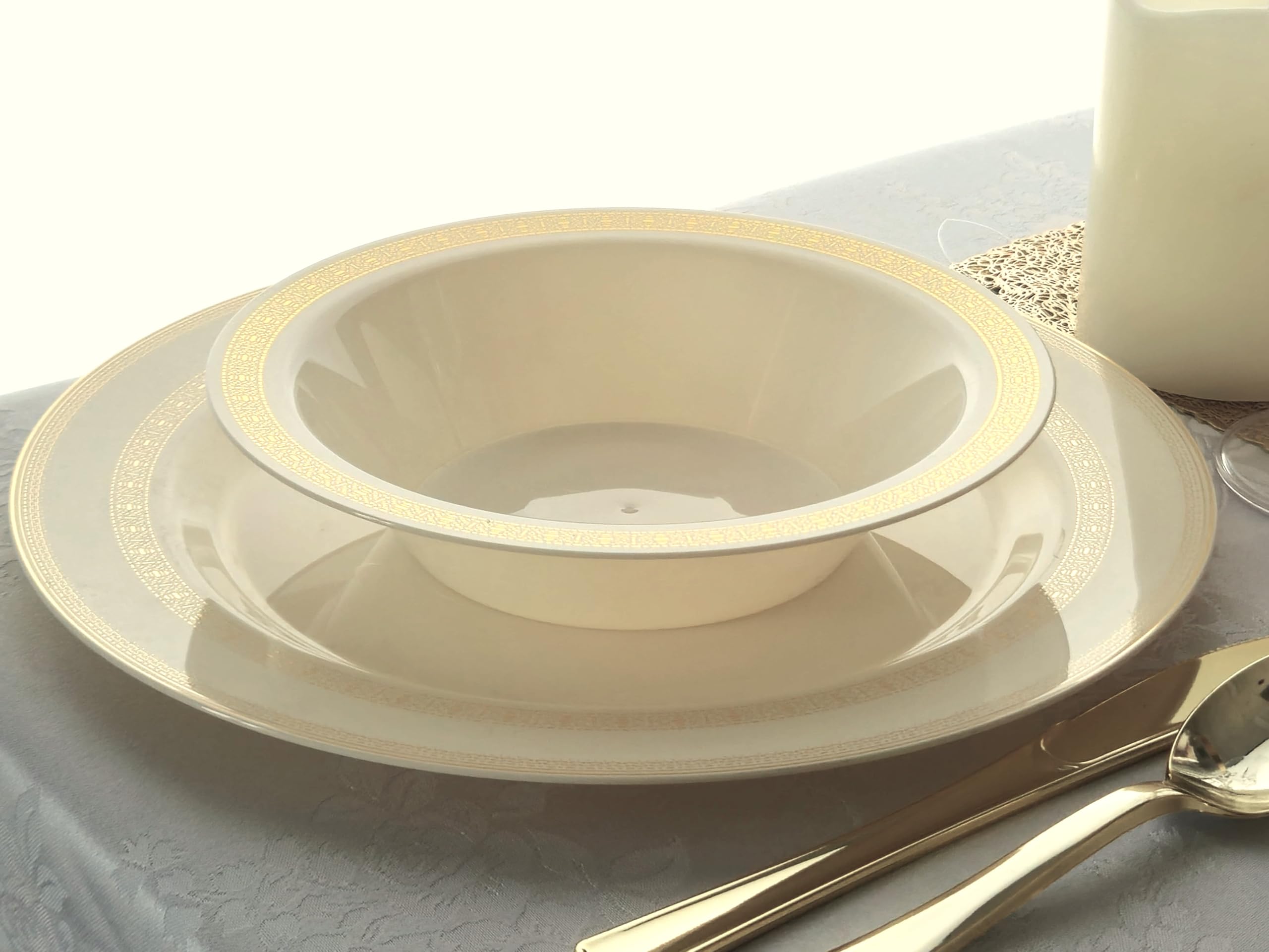 240-Pack Heavyweight Disposable Plastic Plates for Weddings & Parties - 6.25'' Elegant Ivory & Gold Lace Dessert/Bread Plates - Perfect for Birthday Celebrations, Bridal Showers, Baby Showers & Formal Events