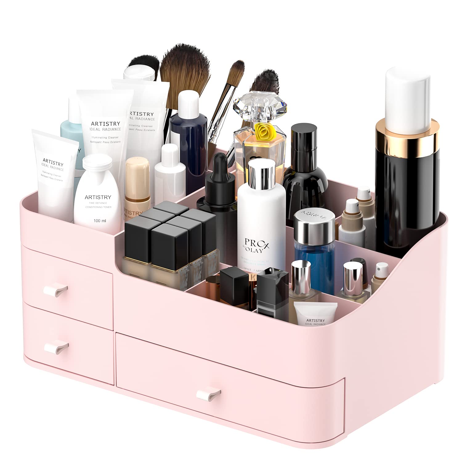 Large Pink Makeup Organizer with Drawers - Cosmetic Storage Box for Vanity, Lipstick, Brushes, Skincare, Lotions, Perfume, Eyeshadow & Nail Polish - Perfect for Bathroom Countertops, Dressing Tables & Bedroom Organization