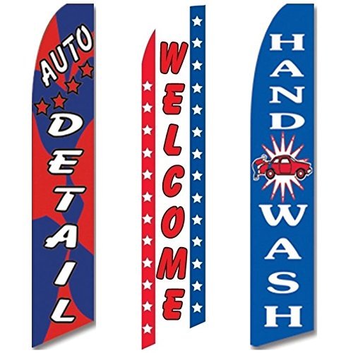 3 Pack Swooper Welcome Flags for Auto Detailing & Car Wash Business | Durable Hand Wash Flags for Grand Opening & Special Events | Perfect for Car Wash Shops, Detailing Services & Grand Openings