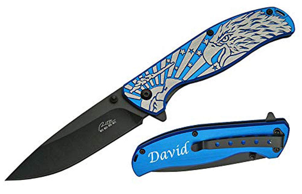 Personalized Laser Engraved Eagle Pride Folding Knife - Custom Engraved Gift for Men, Fathers Day & Graduation - Durable Pocket Knife for Camping, Hiking & Outdoor Adventures (Blue)