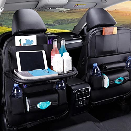 Foldable Car Back Seat Organizer with Table Tray - Black Storage Bag with Tissue Box Holder, Auto Seat Protector Accessories for Road Trips, Family Travel & Daily Commute