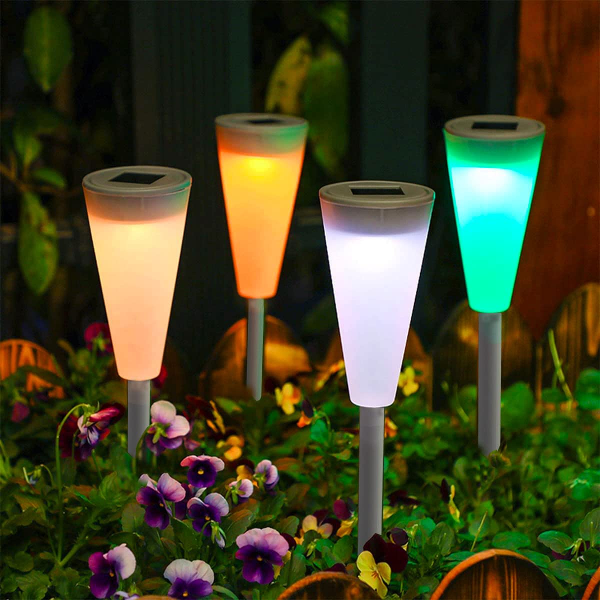 Solar Powered Outdoor Garden Lights - 4 Pack Color Changing LED Landscape Lighting for Lawn, Patio, Yard, Walkway, Driveway | Weatherproof Auto On/Off | Suspension & Ground Installation | Perfect for Evening Gatherings & Pathway Safety