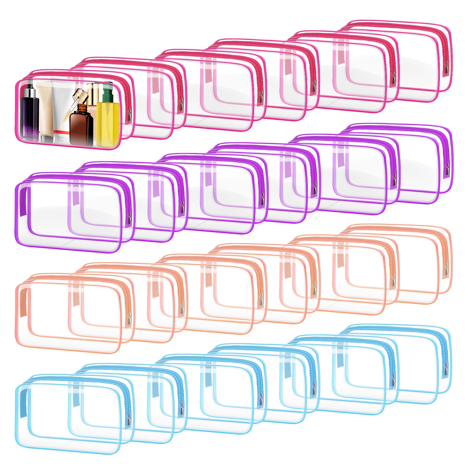 24 PCS Clear TSA Approved Toiletry Bags for Travel - Waterproof Cosmetic Makeup Organizer Pouch Set (Multicolor, Medium) | Perfect for Airports, Gym, Camping & Weekend Getaways