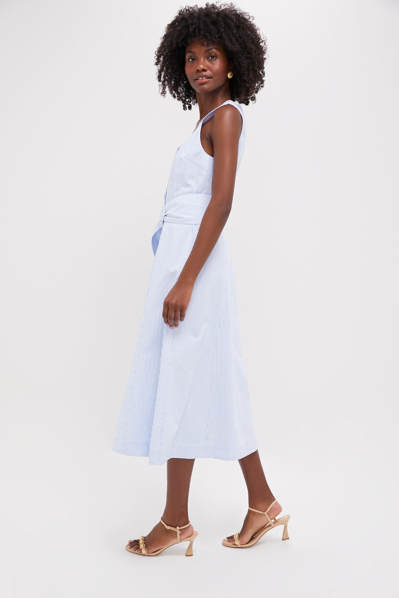 Blue Seersucker Delta Dress for Women - Lightweight Summer Sundress with Ruffles - Perfect for Beach Vacations, Garden Parties & Brunch Dates