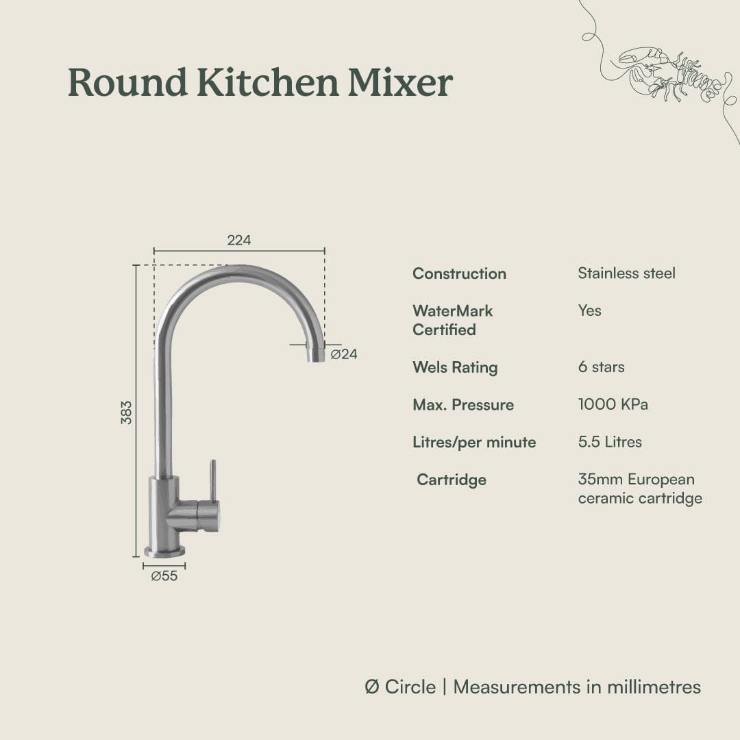 Sydney Round Kitchen Mixer Faucet in Brushed Brass Finish - Modern Pull-Down Sprayer for Sink, Perfect for Cooking, Washing Dishes & Kitchen Cleaning