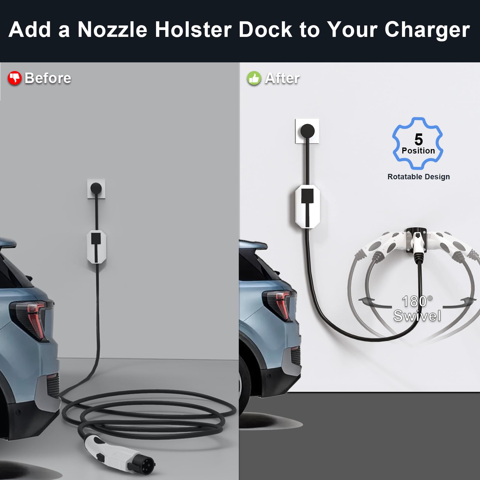 180° Swivel EV Charger Holder Wall Mount - J1772 Charger Nozzle Holster Dock with Rotatable Design for All J1772 Electric Vehicles - Perfect for Home, Garage & Public Charging Stations