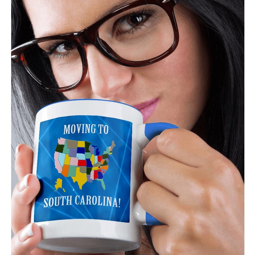 3dRose 15oz Funny Coffee Mug - United States Map with Moving to South Carolina Design, Heart, Car & Luggage - Perfect Gift for New Homeowners & Relocation | Ideal for Office, Housewarming & Coffee Lovers