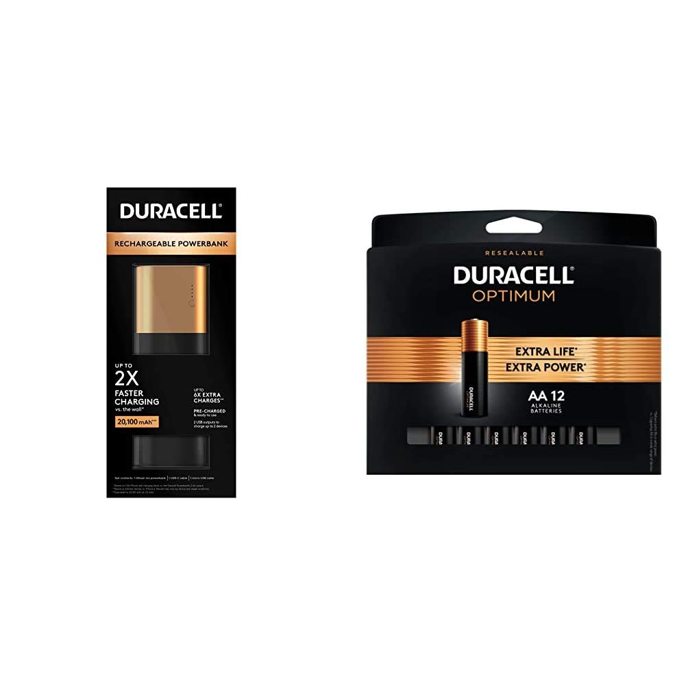 Duracell Rechargeable 20100mAh Power Bank with 12-Count Optimum AA Alkaline Batteries - Portable Charger for Phones, Tablets & Devices - Perfect for Travel, Camping & Emergency Power Backup