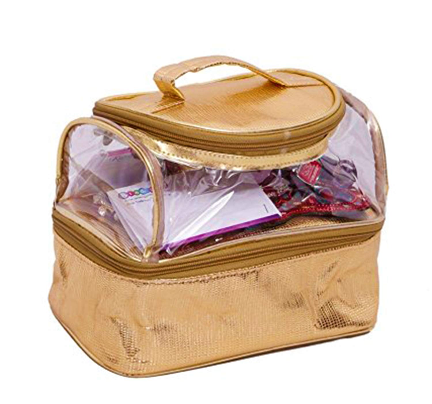 DMS RETAIL 2 Compartment Travel Makeup Bag for Women - Cosmetic Organizer & Jewelry Pouch in Gold - Perfect for Travel, Gym, and Daily Essentials Storage