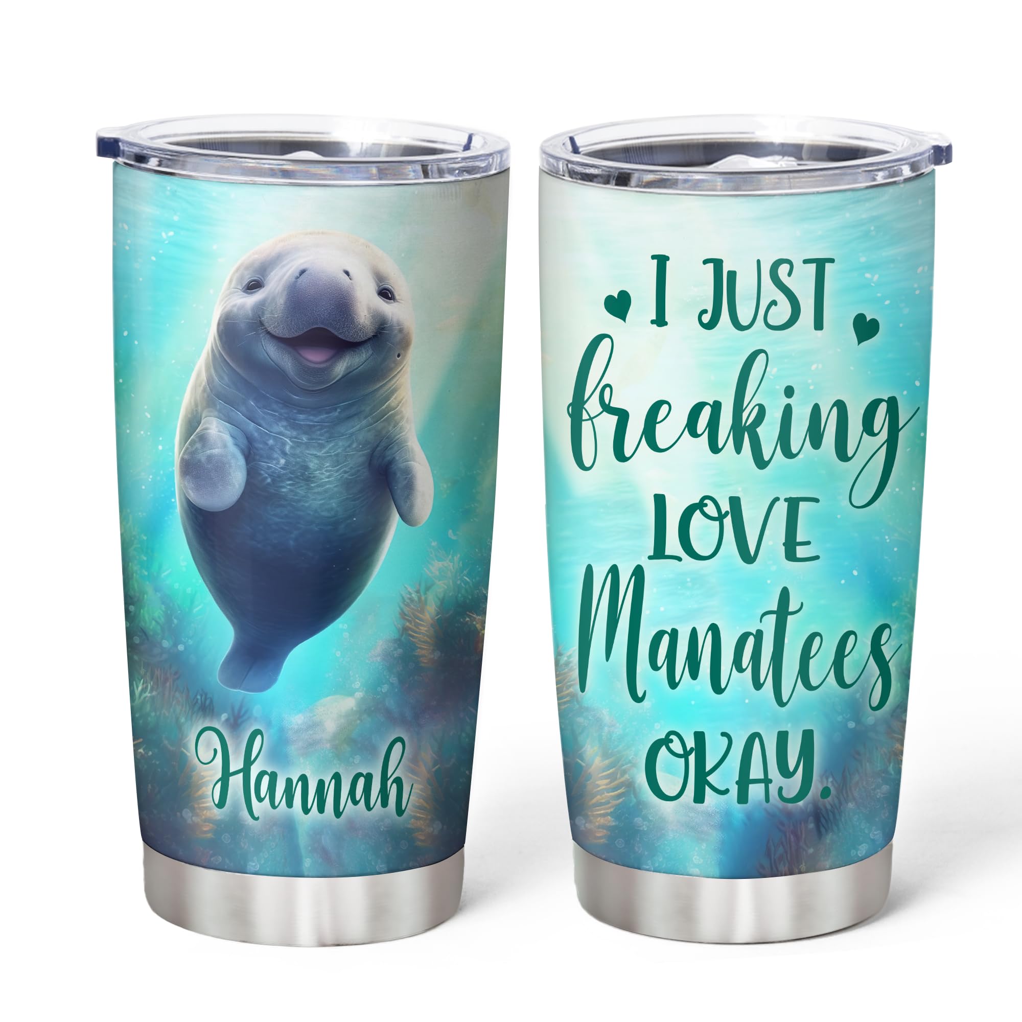 Personalized Manatee Lover Stainless Steel Tumbler 20oz - Custom Name Insulated Cup with Lid - Cute Sea Animal Gift for Women & Girls (Birthday, Christmas, Anniversary) - Perfect for Coffee, Tea & Cold Drinks at Home, Office or Travel