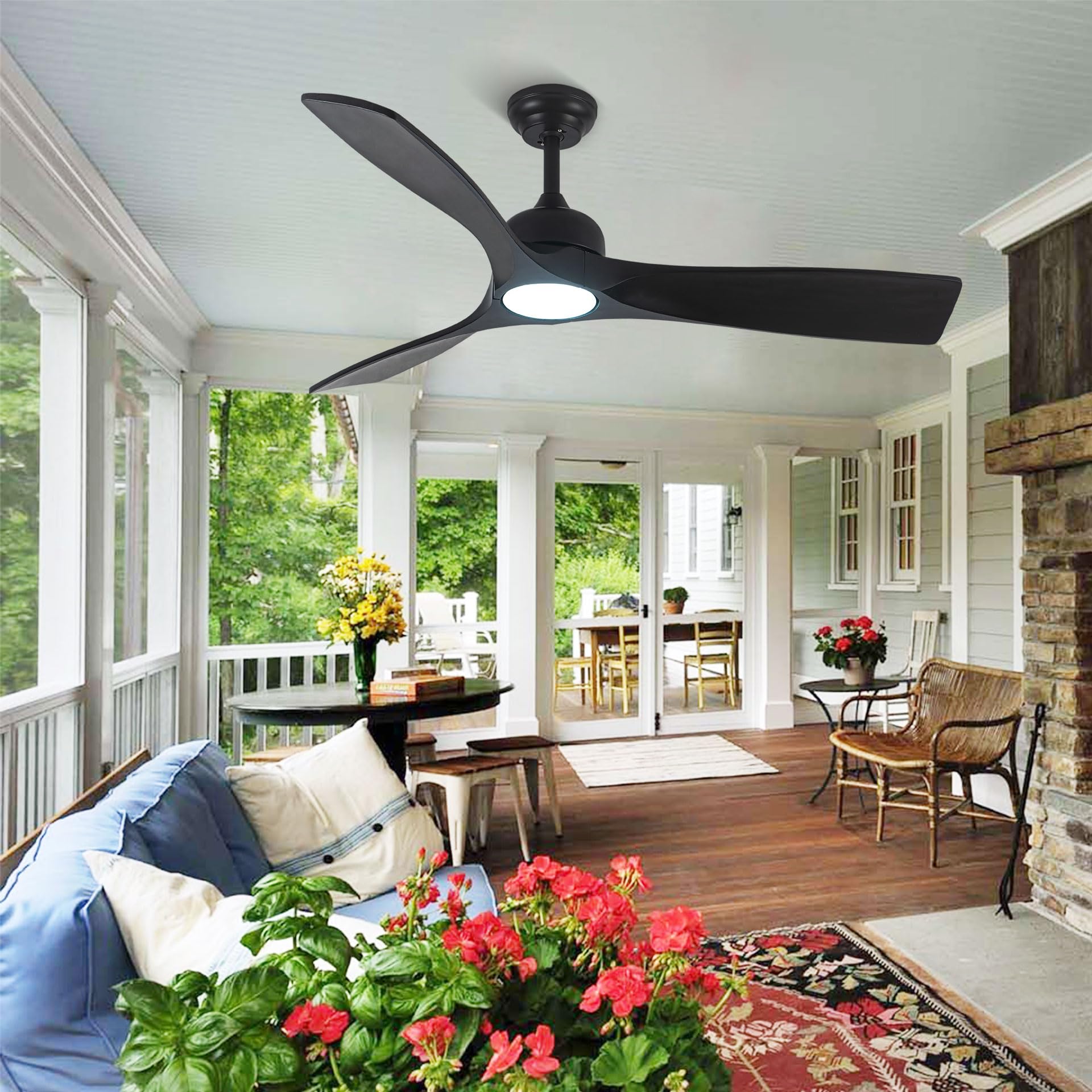 52 Inch Black Ceiling Fan with Lights & Remote - 3 Blade Solid Wood DC Motor Fan, Dimmable LED Light - Modern Indoor/Outdoor Ceiling Fan for Bedroom, Patio, Porch, Living Room & Office - Energy Efficient & Quiet Operation