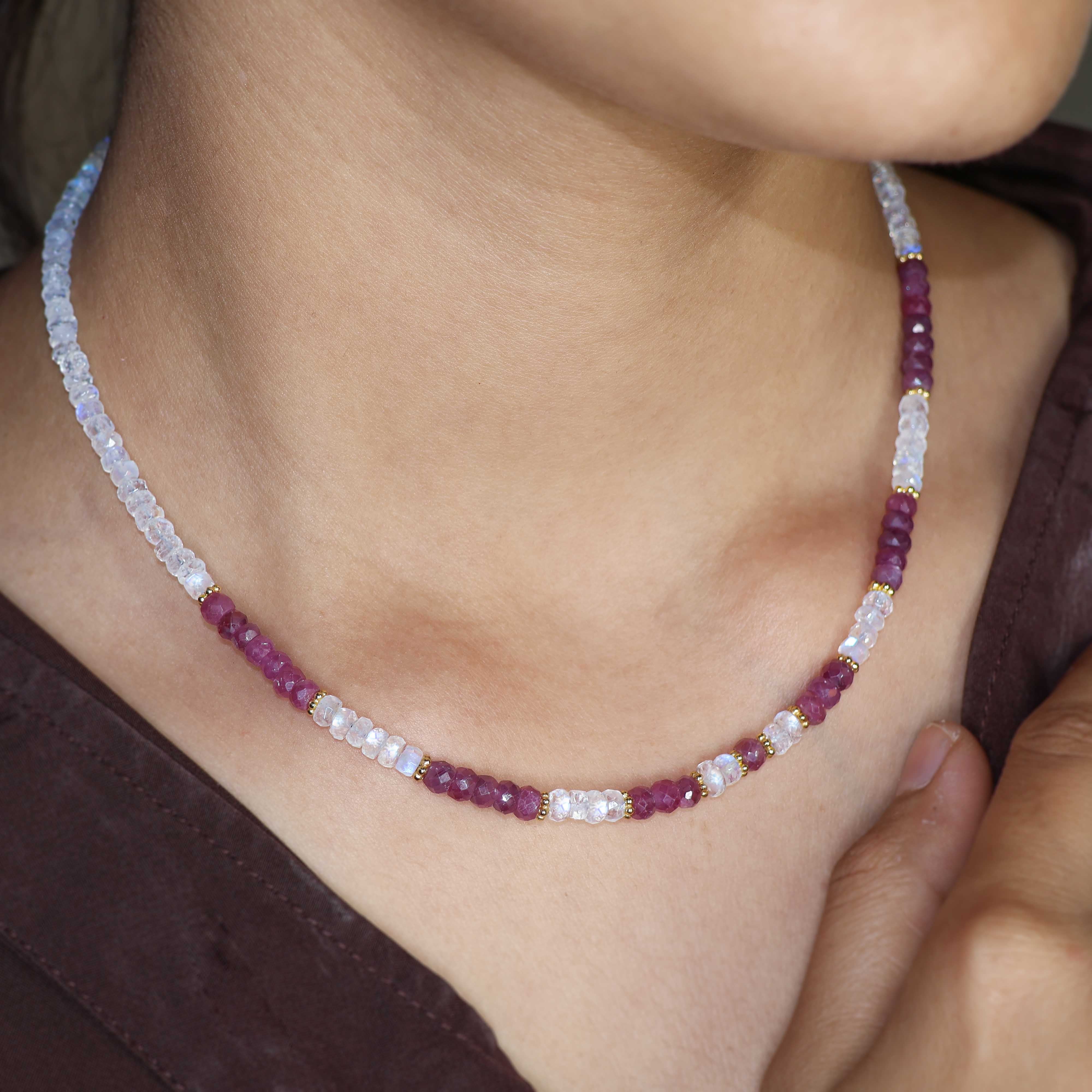 Natural Ruby and Moonstone Faceted Beaded Necklace - Elegant Handmade Jewelry for Women, Gift for Her, Perfect for Weddings, Parties & Special Occasions