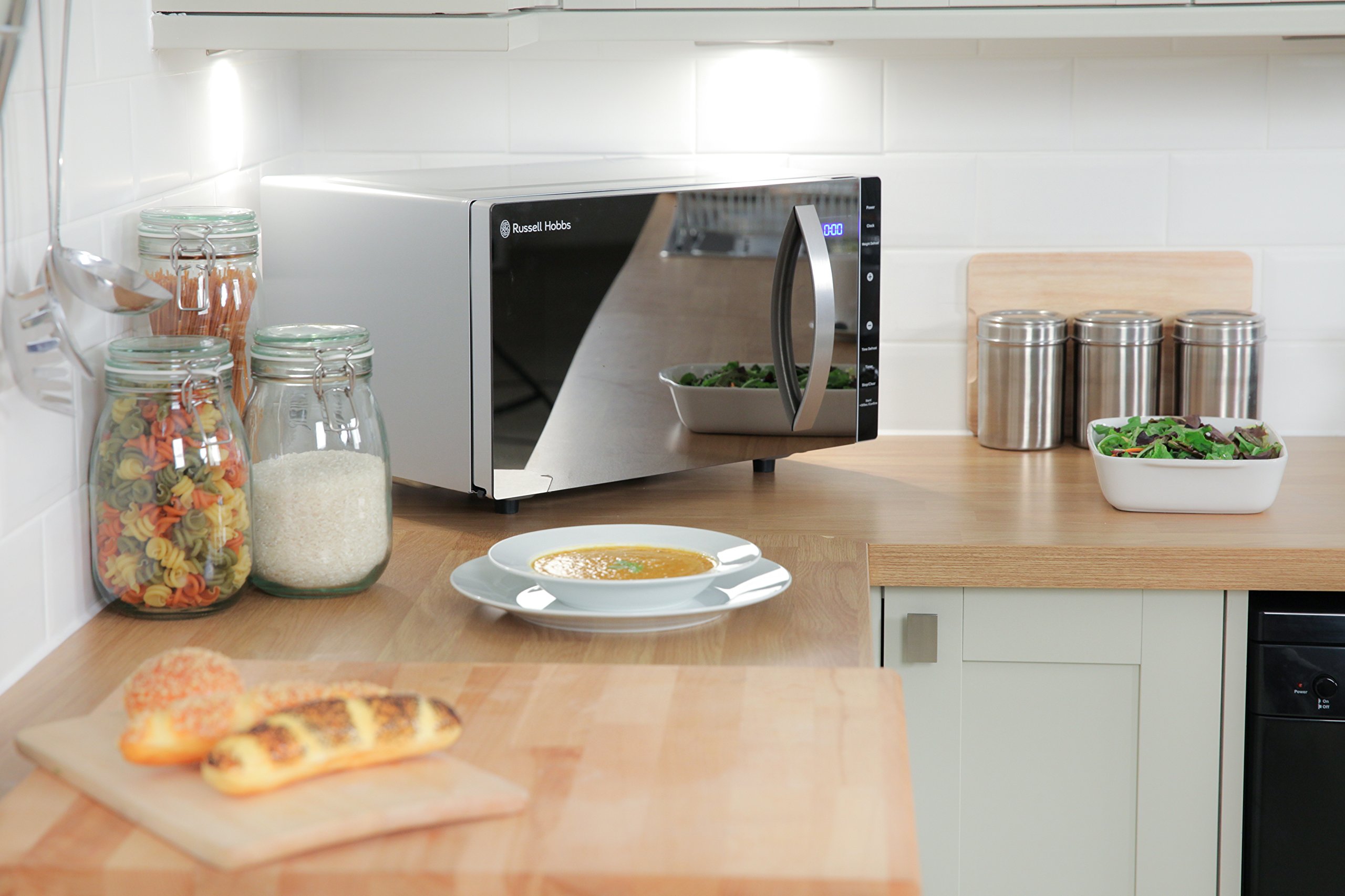 Russell Hobbs RHFM2363S 23L 800W Silver Digital Microwave - 5 Power Levels, 8 Auto Cook Menus, Easy Clean Interior, Clock & Timer, Auto Defrost - Perfect for Small Kitchens, Dorms & Offices