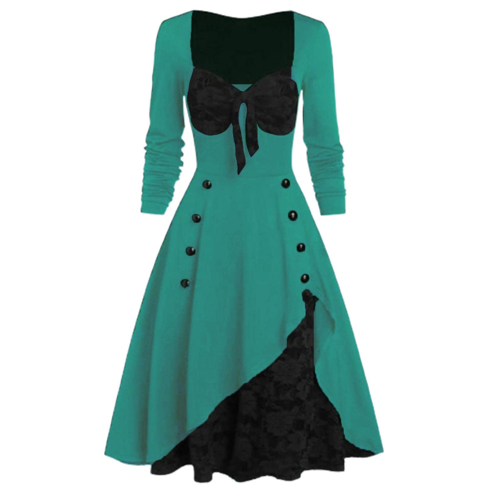 Plus Size Women's Vintage Halloween Dress - Long Sleeve Skull Lace Patchwork Gothic Party Dress with Buttons & Pleats | Perfect for Costume Parties, Gothic Events & Halloween Celebrations