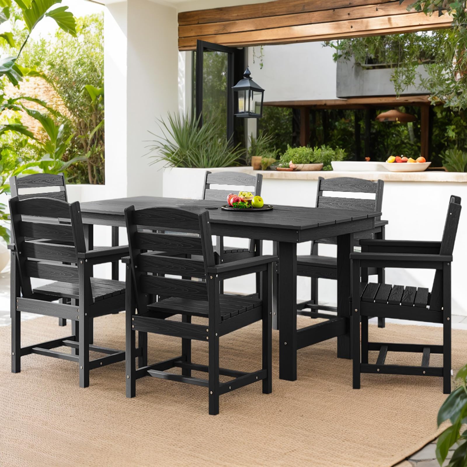 TenKa 7-Piece HDPE Patio Furniture Set for 6 People - Durable Outdoor Dining Table with 6 Chairs & Umbrella Hole - Perfect for Garden, Backyard, Lawn, Poolside & Outdoor Entertaining