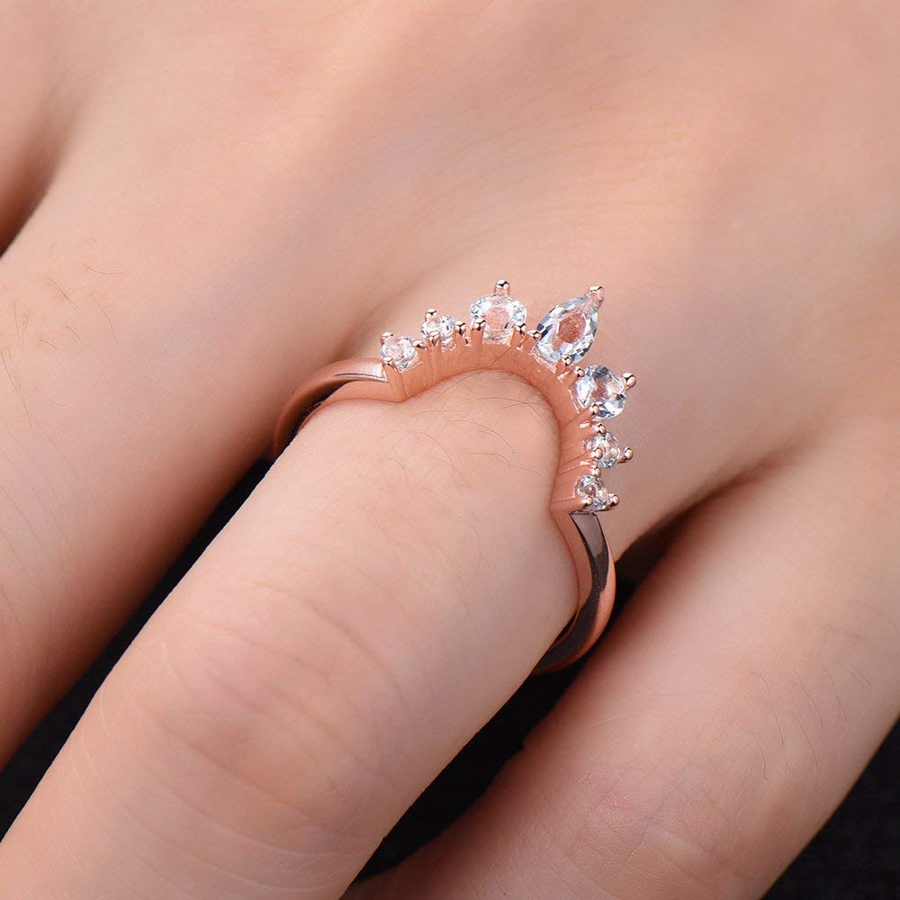 Elegant Aquamarine Crown Wedding Band - Rose Gold Plated Sterling Silver Chevron Stacking Ring for Women, Perfect for Bridal, Anniversary & Engagement Jewelry Gifts