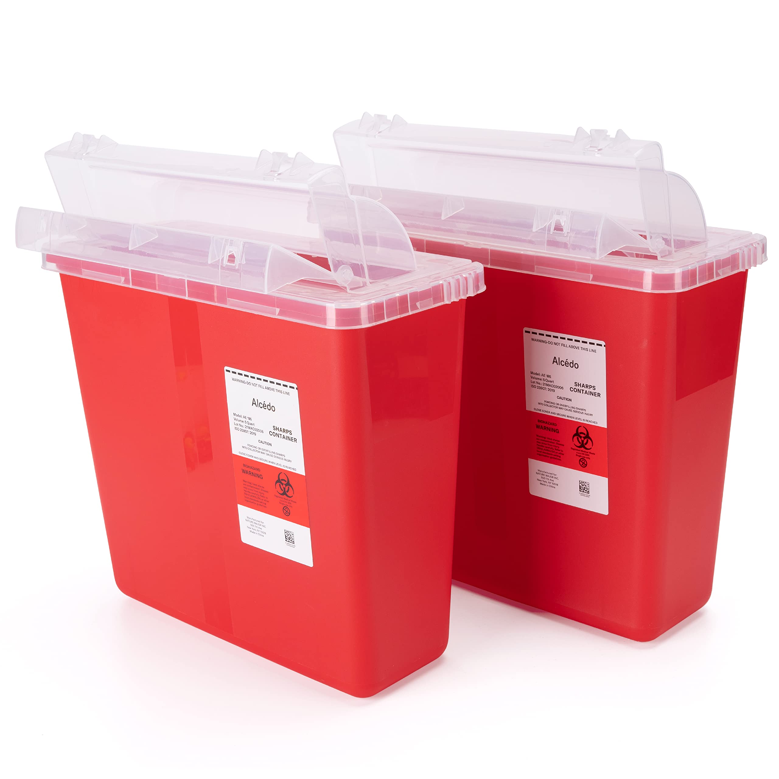 Alcedo 5 Quart Sharps Container (2 Pack) – Biohazard Needle & Syringe Disposal with Mailbox Style Lid – Medical Grade for Home & Professional Use – Ideal for Diabetic Care, Veterinary Clinics & Tattoo Parlors