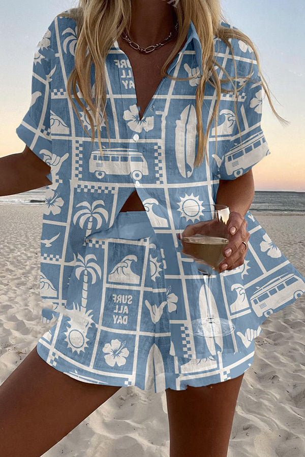 Stylish Plaid Print Loose Fit Button-Up Shorts Set with Elastic Waist - Perfect for Summer Travel, Beach Vacations & Casual Outings